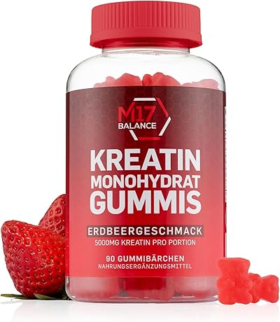 Creatin Monohydrat Gummibärchen - 5000 mg Kreatin mit BCAAs & L-Carnitin pro Dosis - Für Muskelaufbau - Zuckerfrei, Anti-Schmelz-Formel, Vegan, Glutenfrei - 30 Portionen (90 Stück, Erdbeere)