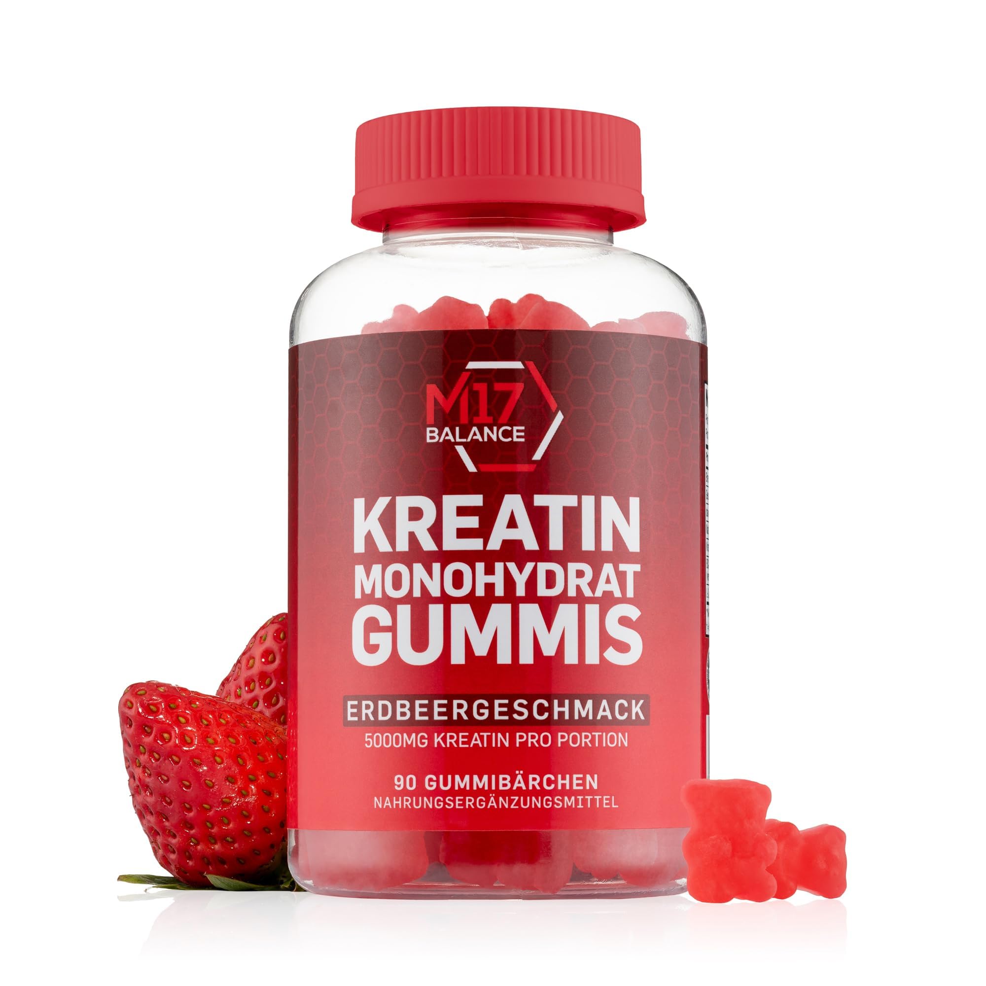 Creatin Monohydrat Gummibärchen - 5000 mg Kreatin mit BCAAs & L-Carnitin pro Dosis - Für Muskelaufbau - Zuckerfrei, Anti-Schmelz-Formel, Vegan, Glutenfrei - 30 Portionen (90 Stück, Erdbeere)