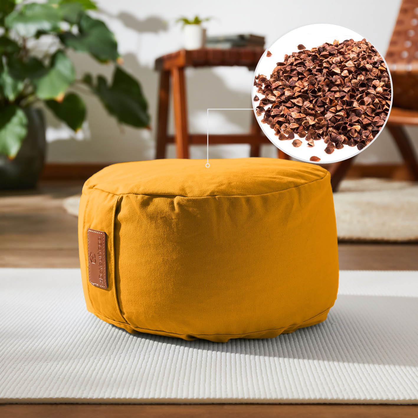 Cuscino da yoga »Vishnu« chiusura a cordoncino & pula di farro bio/alt. 15cm e 30cm diametro - ideale come cuscino yoga/cuscino zafu/cuscino meditazione/supporto meditazione.100% cotone-giallo curry