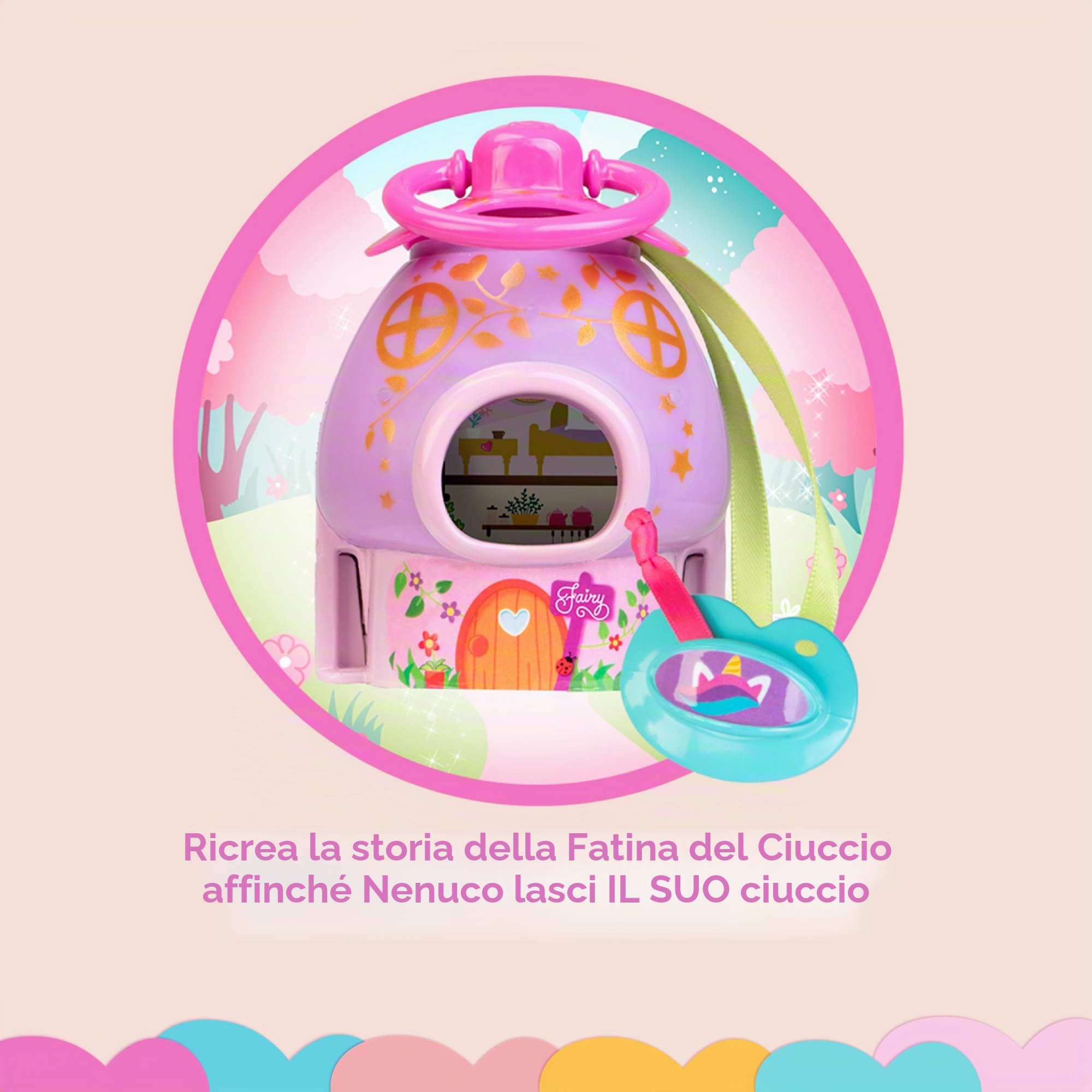 Nenuco Ciuccio Fatati, Bambola Bebè 35 cm con Capelli Biondi e Corpo Duro, Aiuta a Cambiare Fase dando i Ciucci alle Fate, Include 3 Ciucci e Accessori, +3 Anni, Famosa (NFNB4000)
