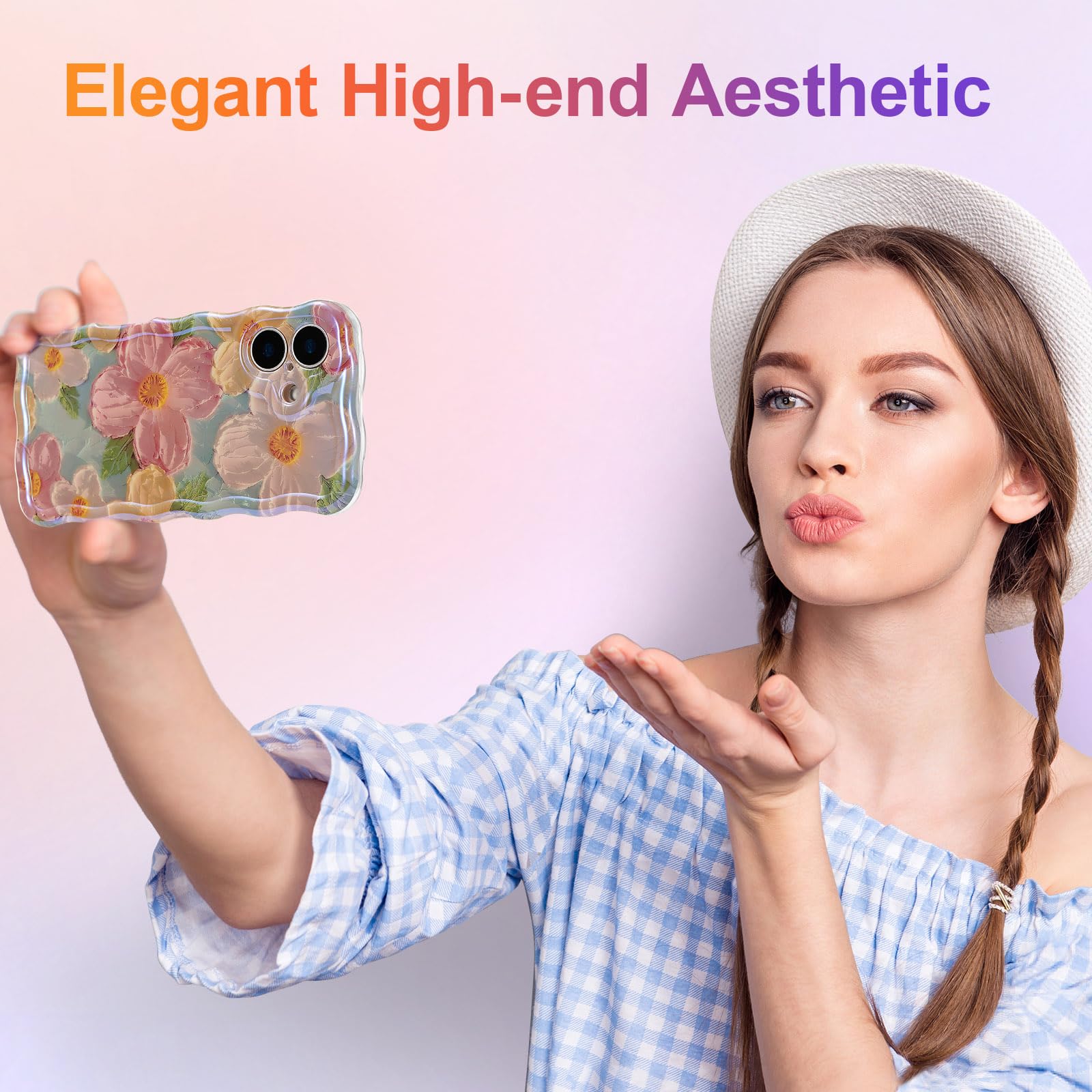 EYZUTAK Case for iPhone 16, Colorful Retro Oil Painting Printed Flower Laser Glossy Pattern Cute Curly Wave Edge Exquisite Phone Cover Stylish Durable TPU Protective Case for Girl Women-Green — view 7