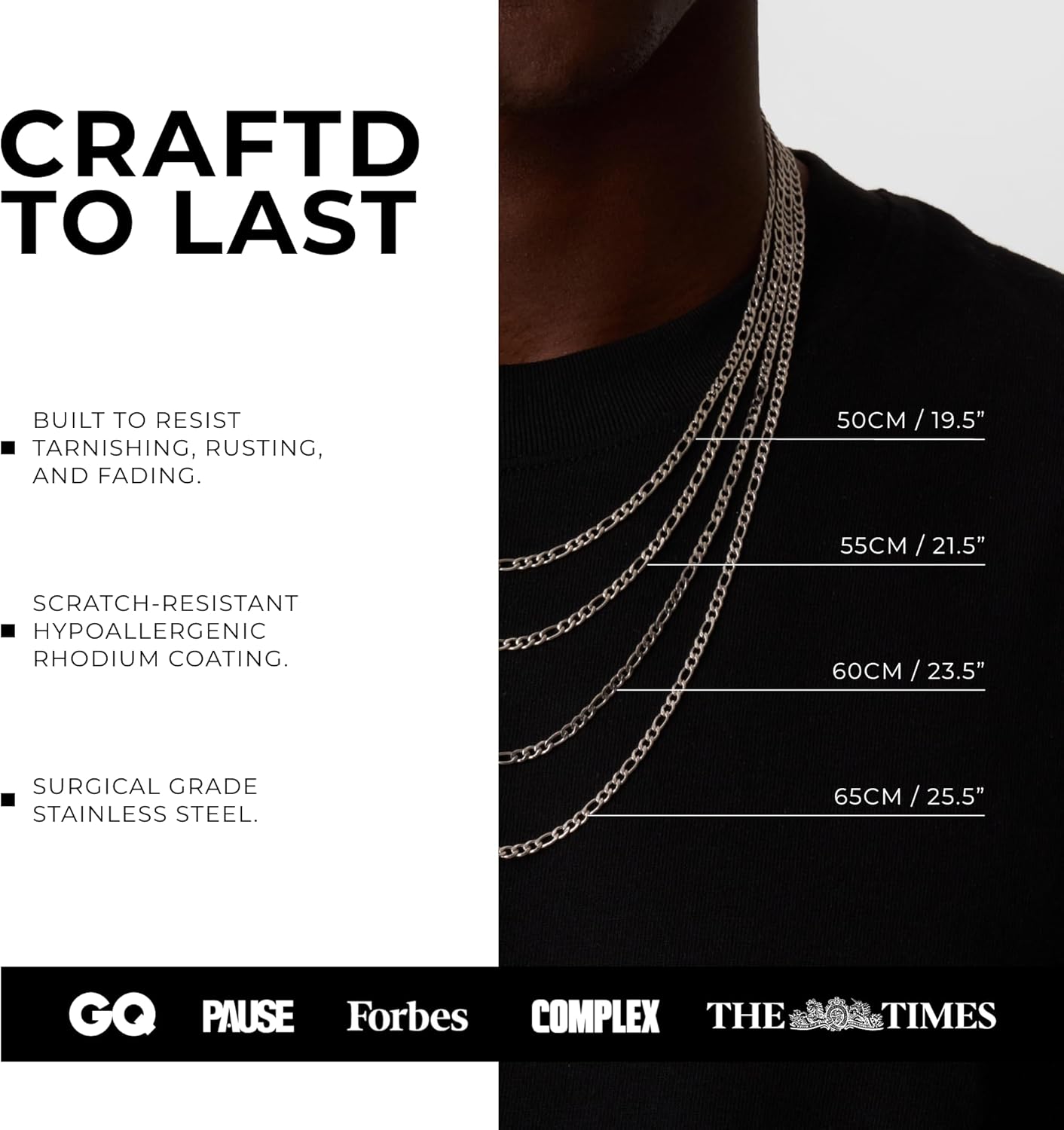 CRAFTD - Silver Figaro Link Chain - Durable Rhodium & 316L Stainless Steel - Waterproof, Heat & Sweat Resistant - Gifts for Men - Men's Jewelry - Image 4