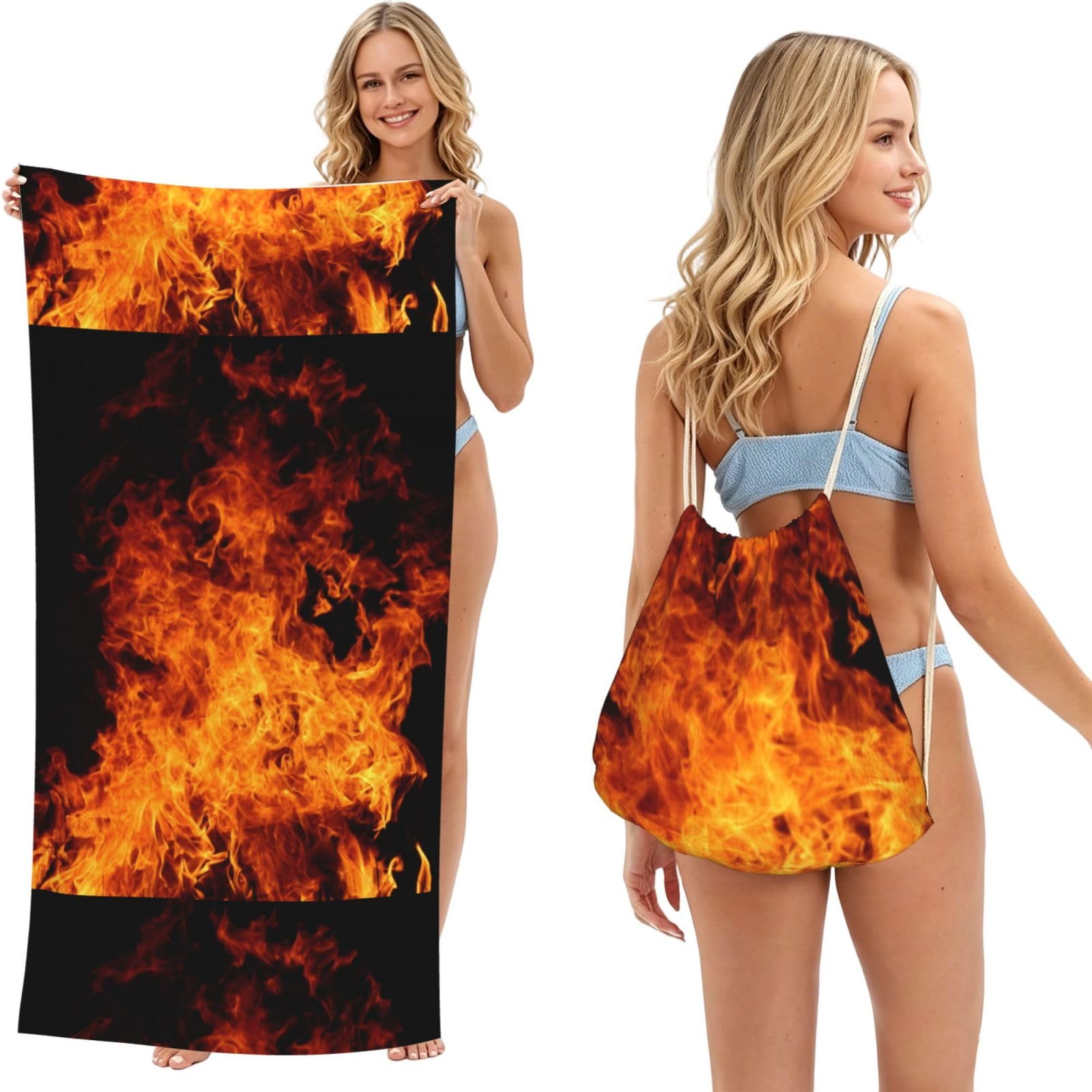 Poadnly As Picture Fire Burn Design Pattern, 2 In 1 Packable Towel Bag, Beach Towels With Drawstring Backpack For Travel Holiday Camping