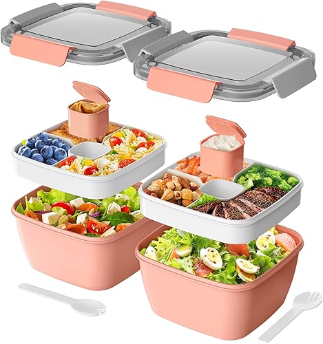Cherrysea Recipiente de almuerzo para ensalada mejorado, paquete de 2 cuencos de ensalada con bandeja de 4 compartimentos, lonchera a prueba de