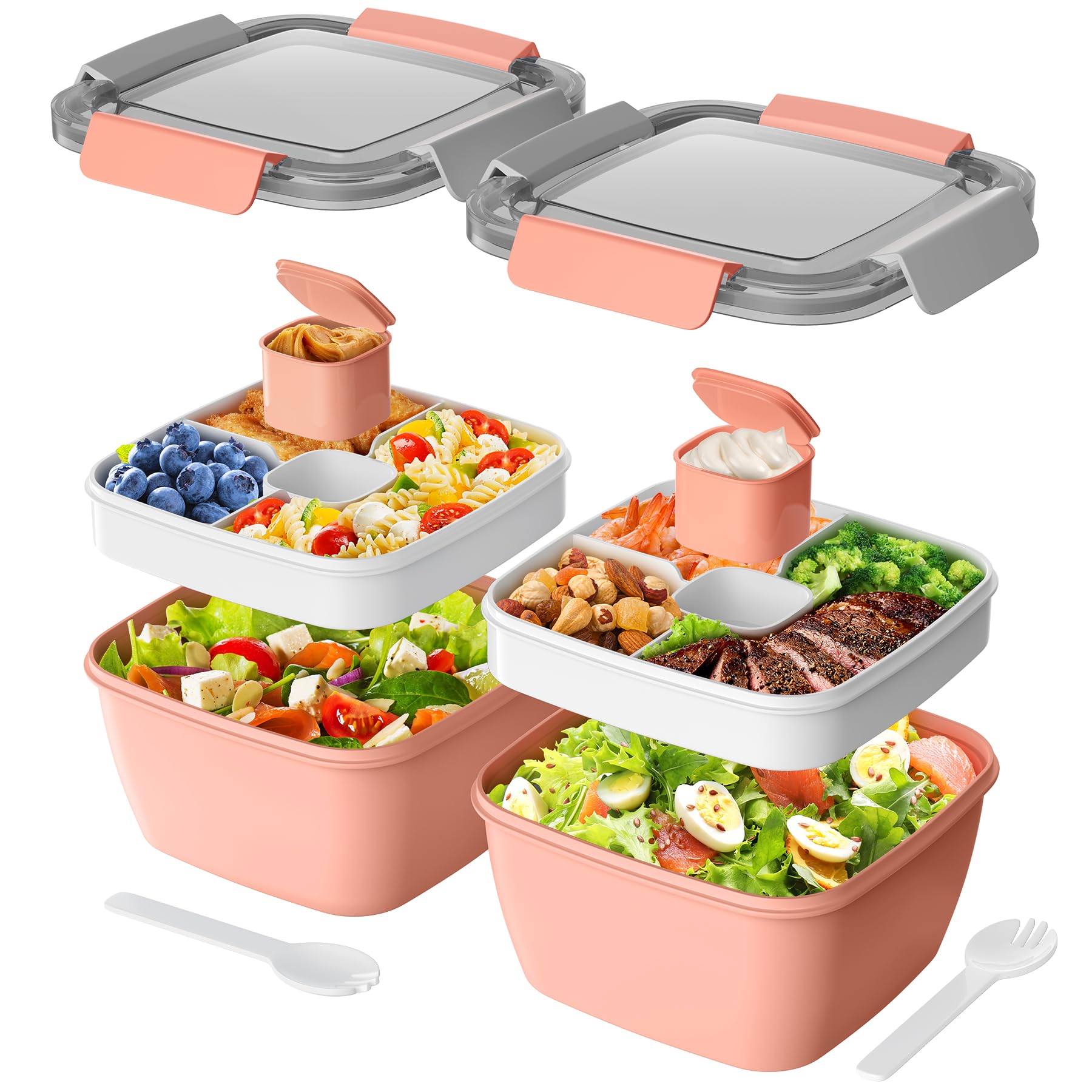 Cherrysea Salad Lunch Box, 2Pack Bowls with 3 Compartments, Leak Proof with Fork - BPA-Free Snack Box with Sauce Container - Pink