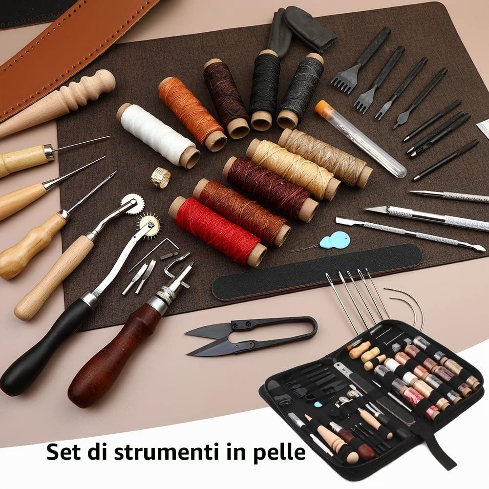 Set di utensili da cucito in pelle, 52 pezzi, 10 colori, filo cerato, strumento per denti a pressione