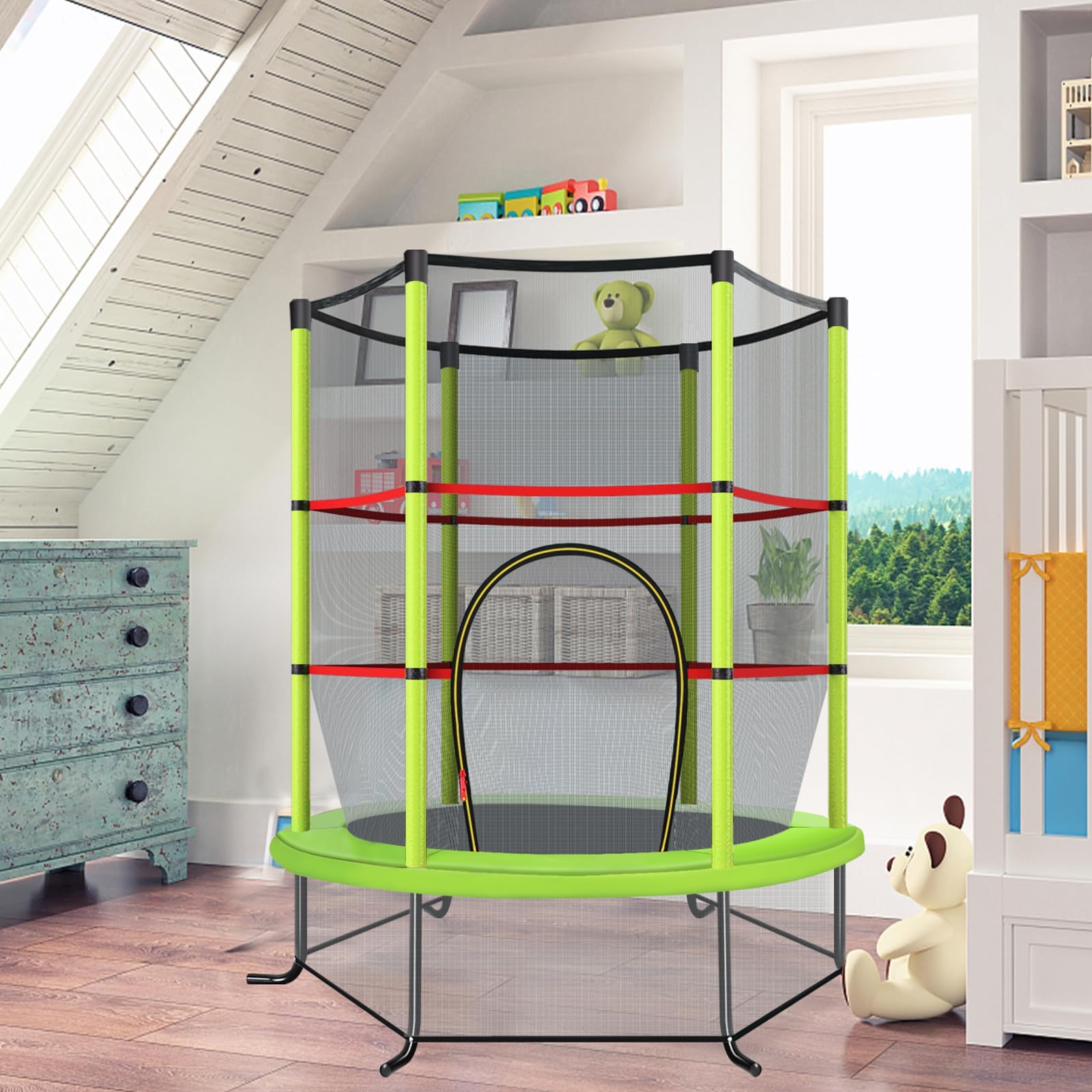 COSTWAY Ø165cm Gartentrampolin mit Sicherheitsnetz, Trampolin bis 135KG belastbar, Indoor-/Outdoortrampolin für Kinder ab 3 Jahre