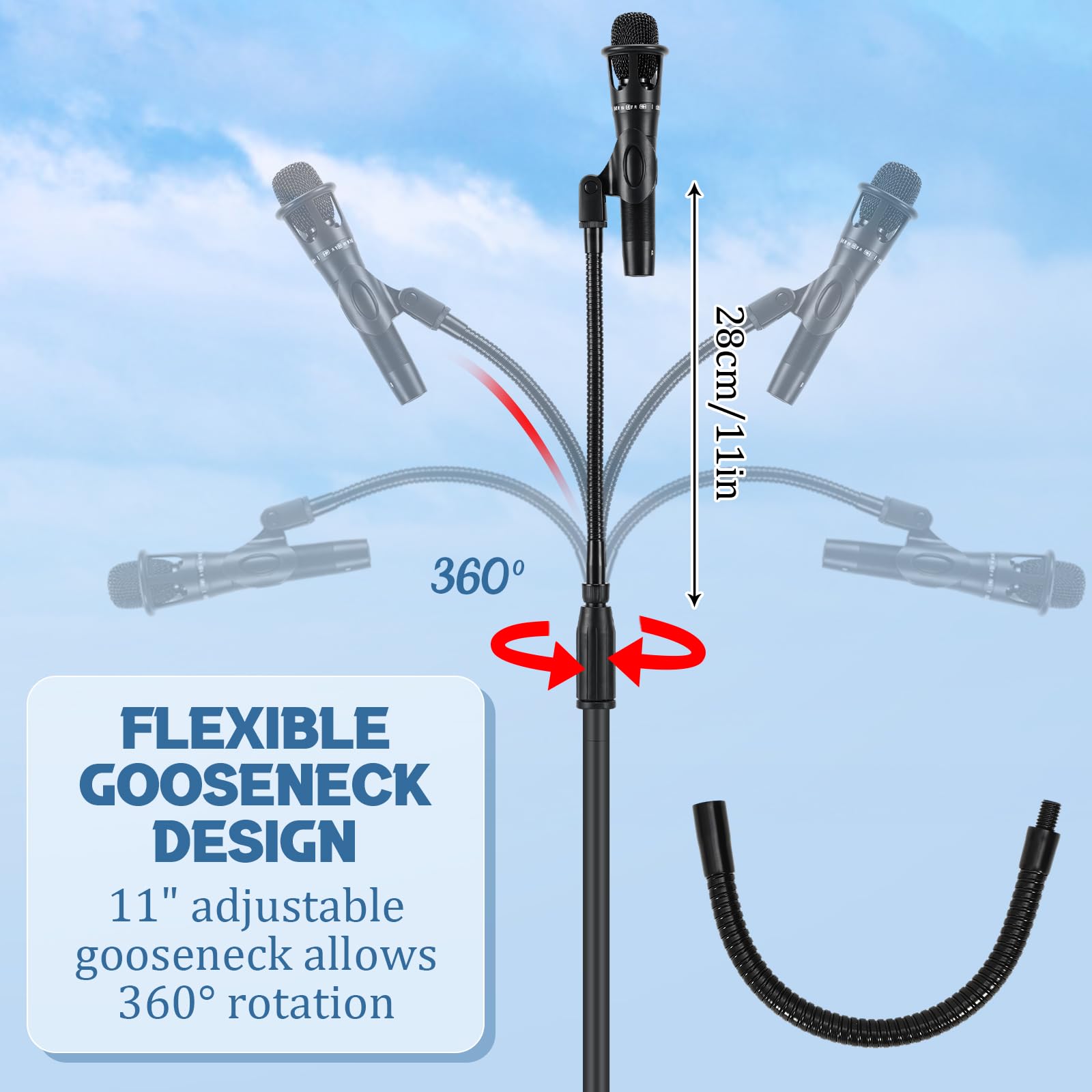 DoubleFill Asta per microfono con una mano con base rotonda pesante e staccabile a collo d'oca, regolazione dell'altezza, supporto telescopico per microfono per canto, concerti