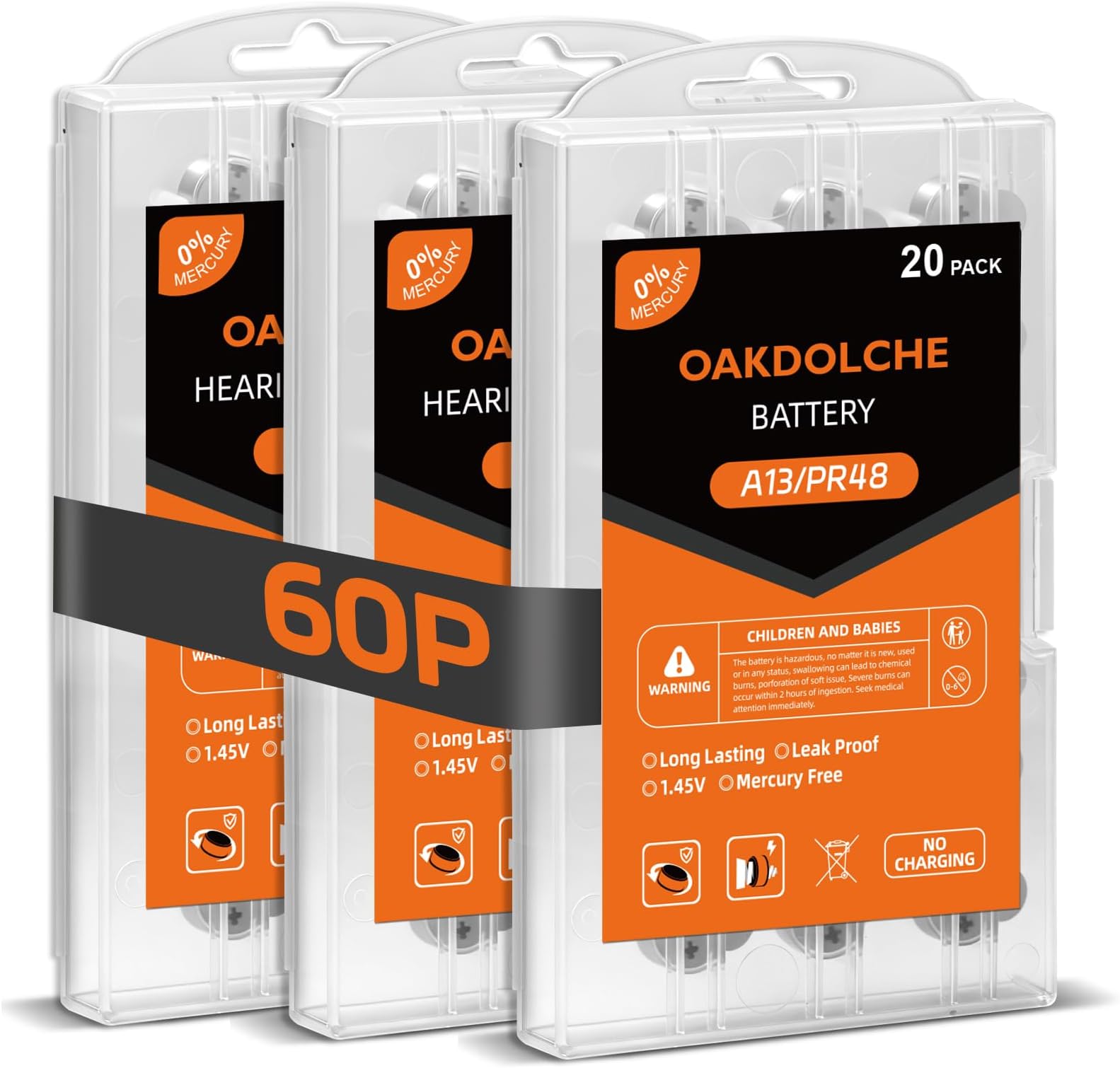 60 Count Hearing Aid Batteries Size 13, 1.4V Long Lasting