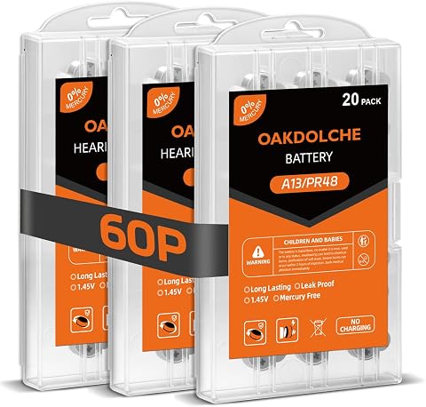 60 Count Hearing Aid Batteries Size 13, 1.4V Long Lasting