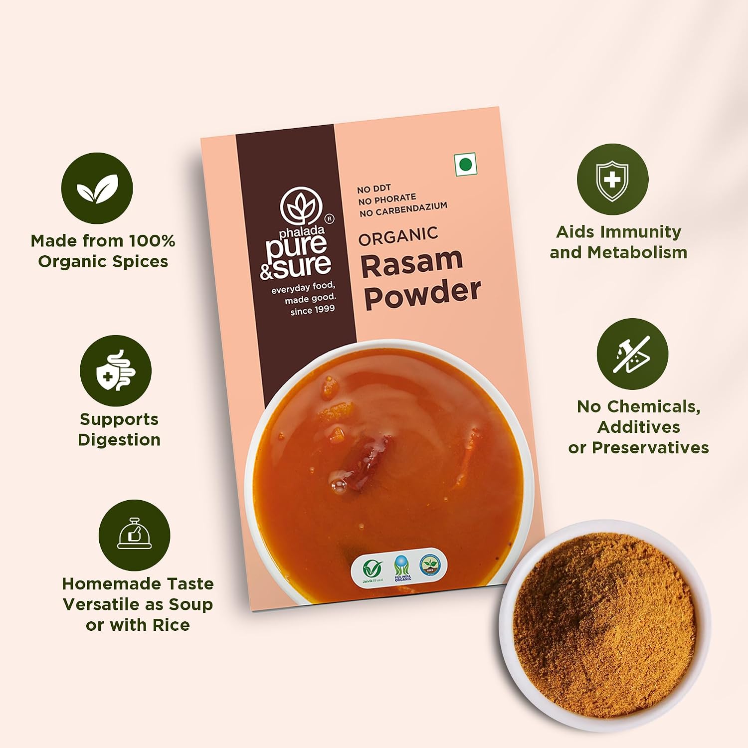 Pure & Sure Organic Rasam Powder | South Indian Spices | Premium Quality, Non-GMO, Suitable for Vegetarians, Indian Curry Powder, 100gm