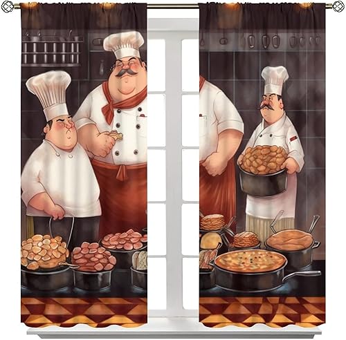 Miniatura 7 de Cortina de decoración de cocina de chef, retro gourmet de dibujos animados, chef gordo de cocina, patrón de comida gourmet, decoración del hogar,