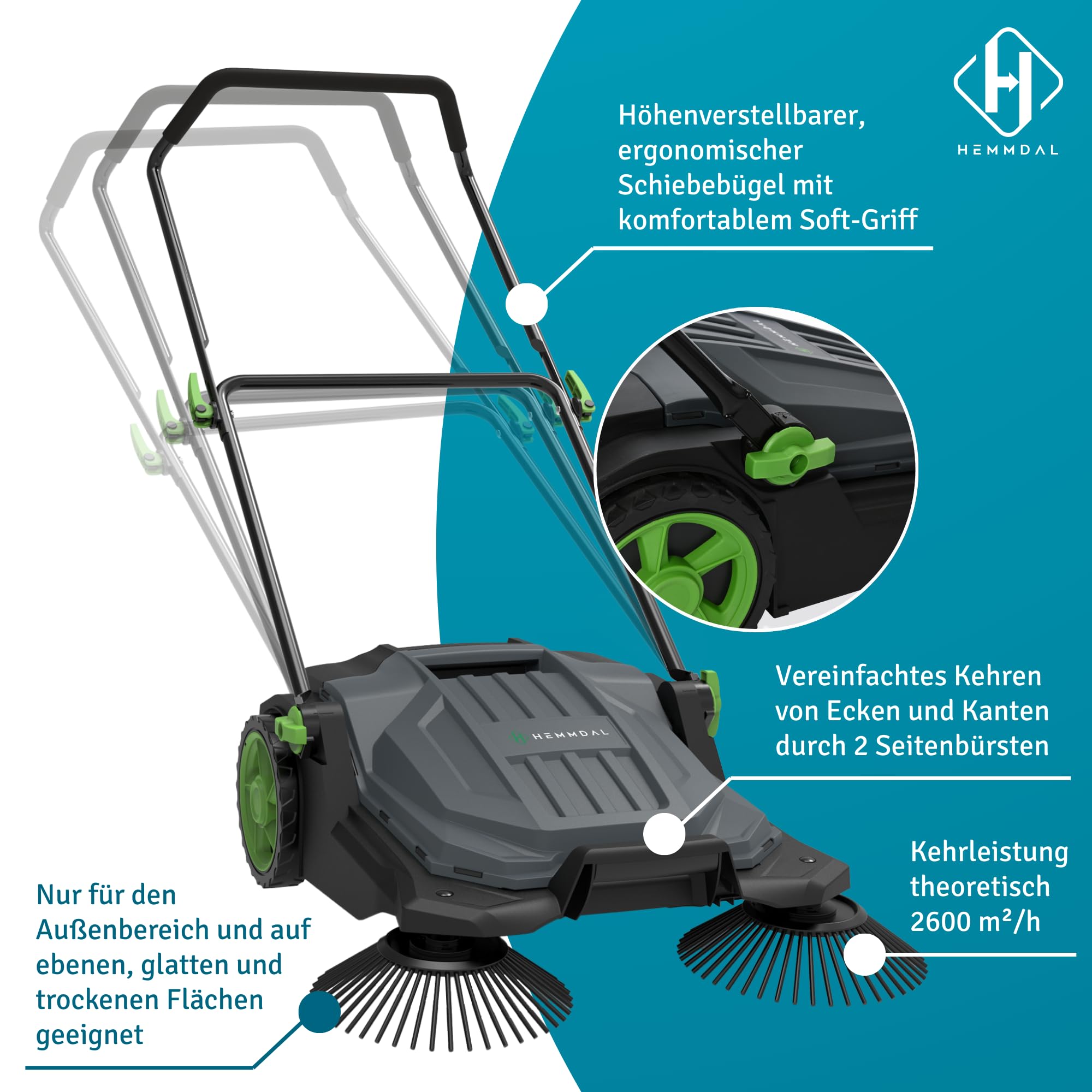 HEMMDAL Kehrmaschine HKM65 manuell | 65 cm Kehrbreite | 2.600 m²/h Kehrleistung | 20 l Behälter | Grau | für trockene Oberflächen im Außenbereich | höhenverstellbarer Soft-Griff | Handkehrmaschine