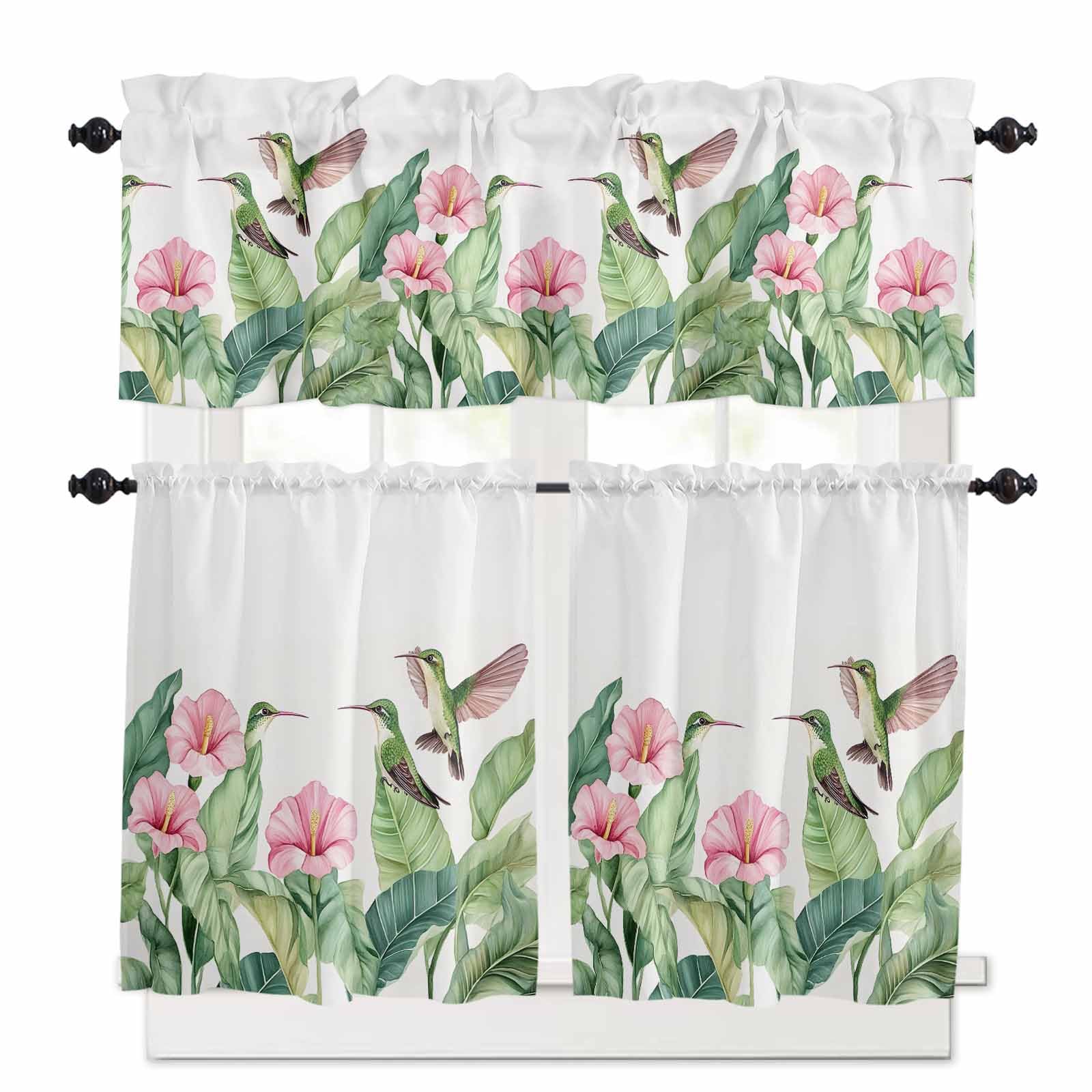 Tropical Plants Kitchen Curtains 36 Inch Length,3 Piece Rod Pocket Small Half Tiers and Valance Set,Summer Spring Flowers Palm Leaves Birds Small Large Window Treatment Decor for Bedroom/Bathroom