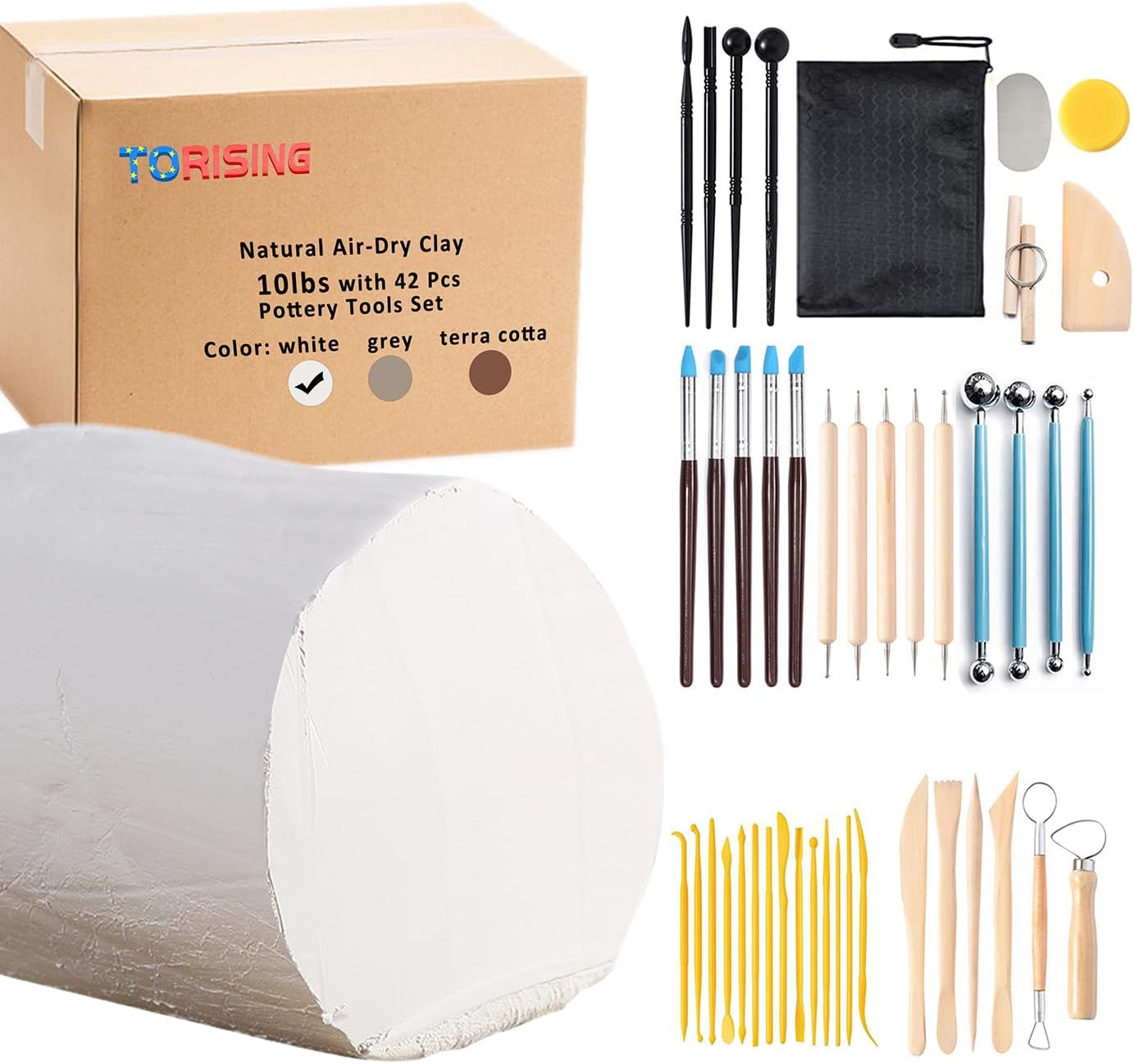 TORISING Air Dry Clay 10 LBs with 42 Pcs Set Pottery Clay Tools Set for Hand Modeling and Throwing, Non-Toxic (White & Kit)