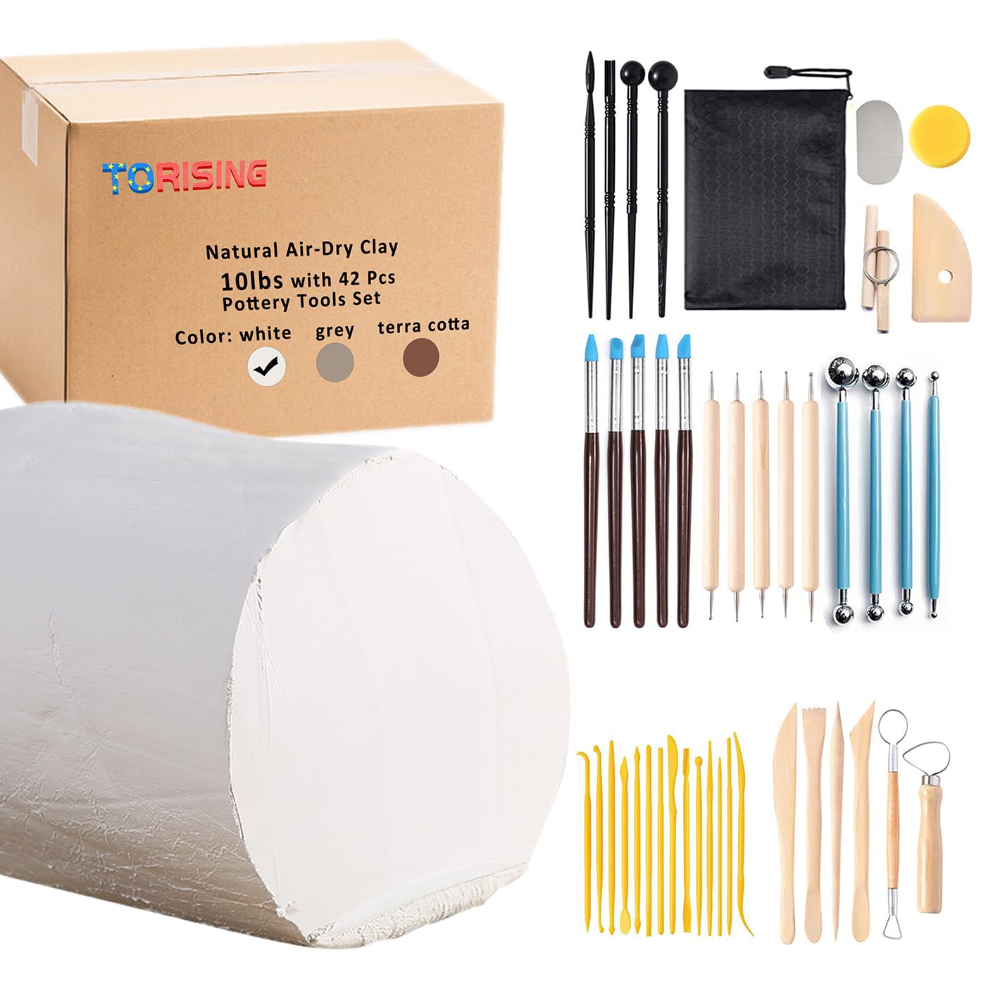 Air Dry Clay 10 LBs with 42 Pcs set Pottery Clay Tools Set for Hand Modeling and Throwing, Non-Toxic (White & Kit)