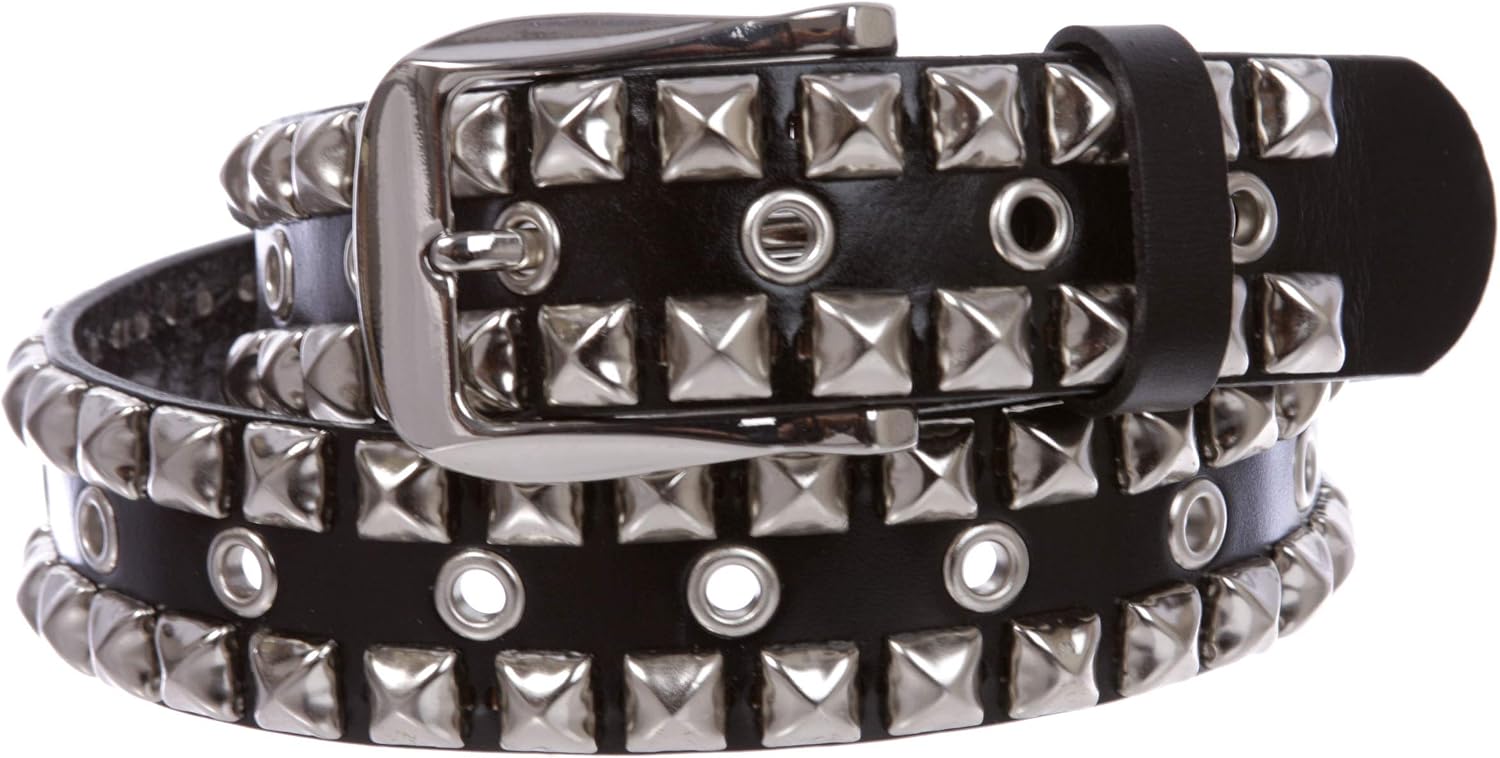 Snap On Two Row Punk Rock Silver Star Studs with Grommets Leather Belt