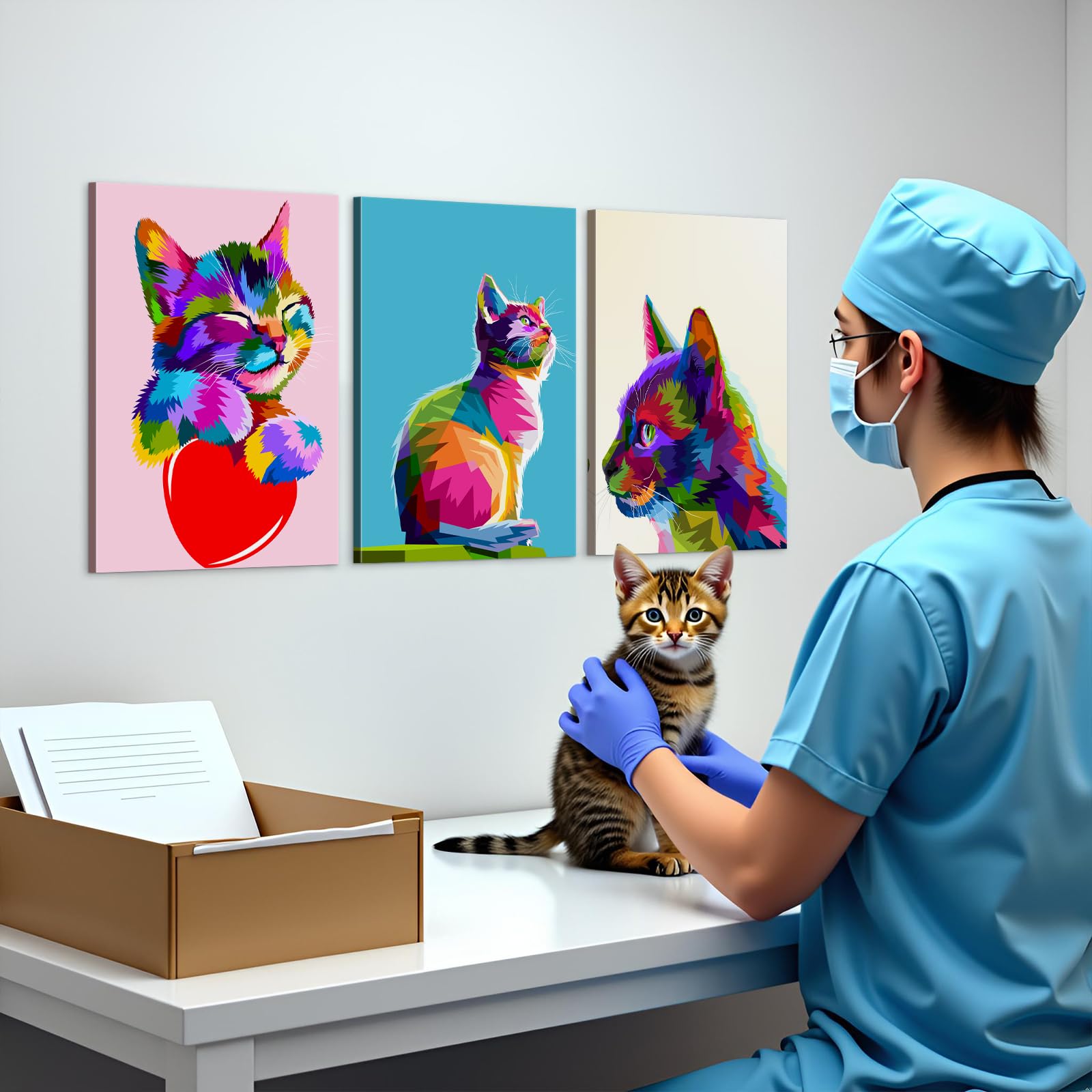 Amazon.co.jp: カラフルな猫の壁の装飾3点セット ポップアート 子猫