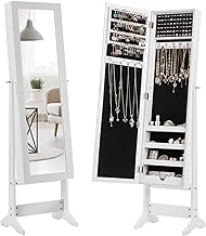 HOMASIS 2 in 1 Mirror Storage Cabinet, Floor to Full Length, Makeup Organizer, Adjustable Furniture for Necklaces, Earrings, 35 x 30 x 144 cm (White)