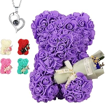 Rose Bear Gifts for Women Girlfriend Wife, Flower Teddy Bear withI Love You Necklace in 100 Languages