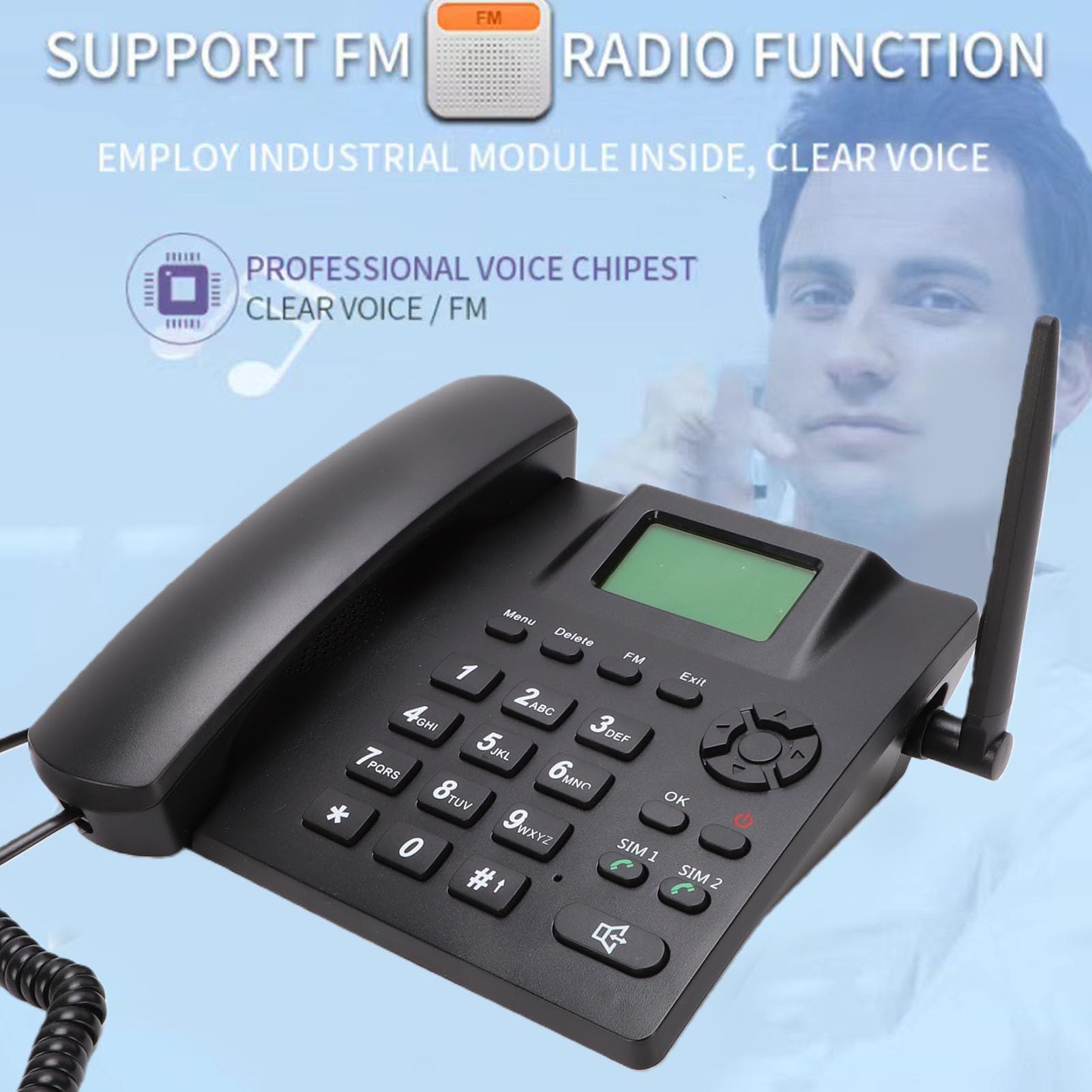 Telefono fisso cordless Dual SIM GSM 2G, nero | Telefono da scrivania con batteria integrata da 1200 mAh e funzione sveglia, rubrica da 500 contatti, ideale per la casa