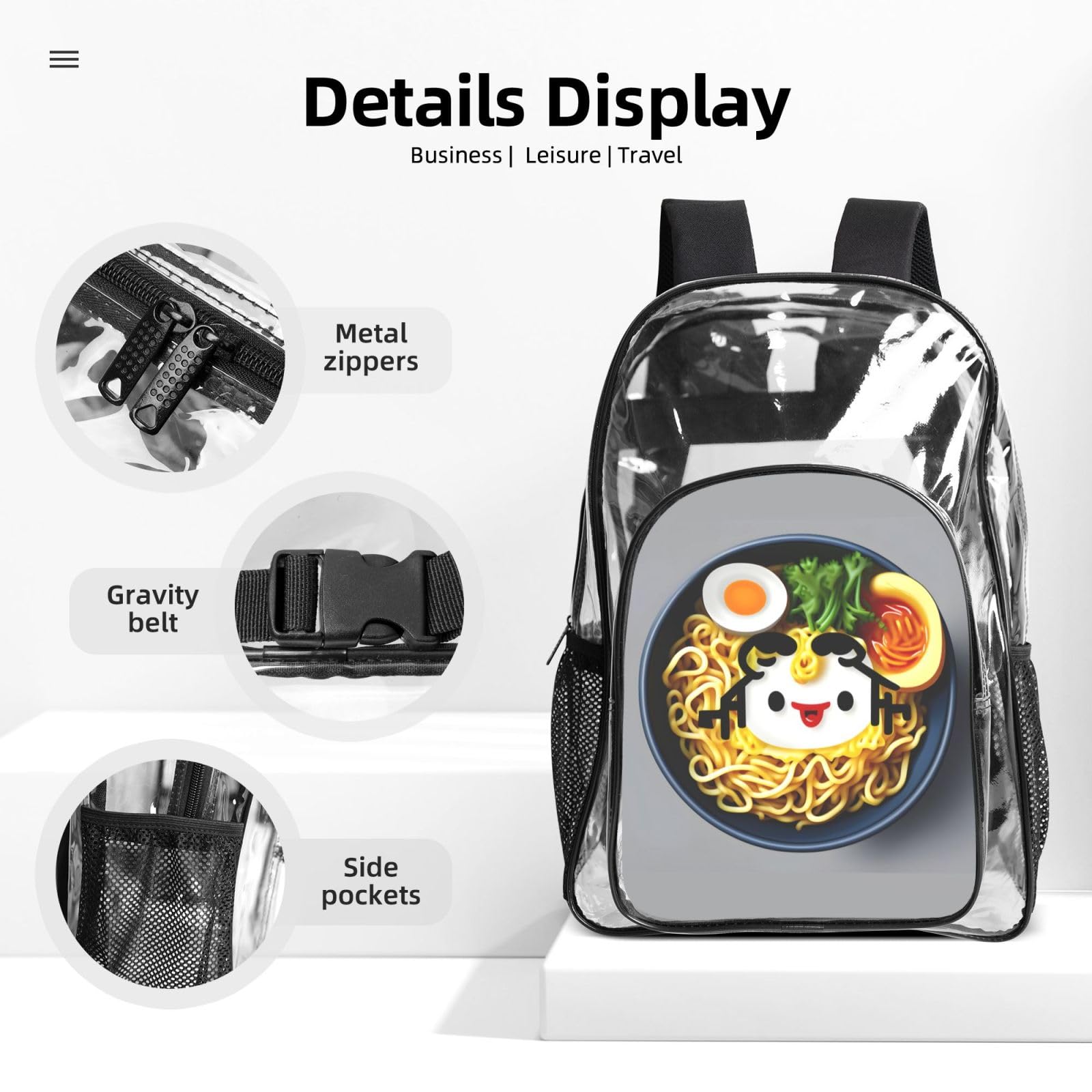 Eierbecher, Nudeln, Ramen-Druck, für Damen, Herren, Kinder, transparentes Rucksack-Set, Schule, Reisen, transparent, 3-teiliges Lunchpaket