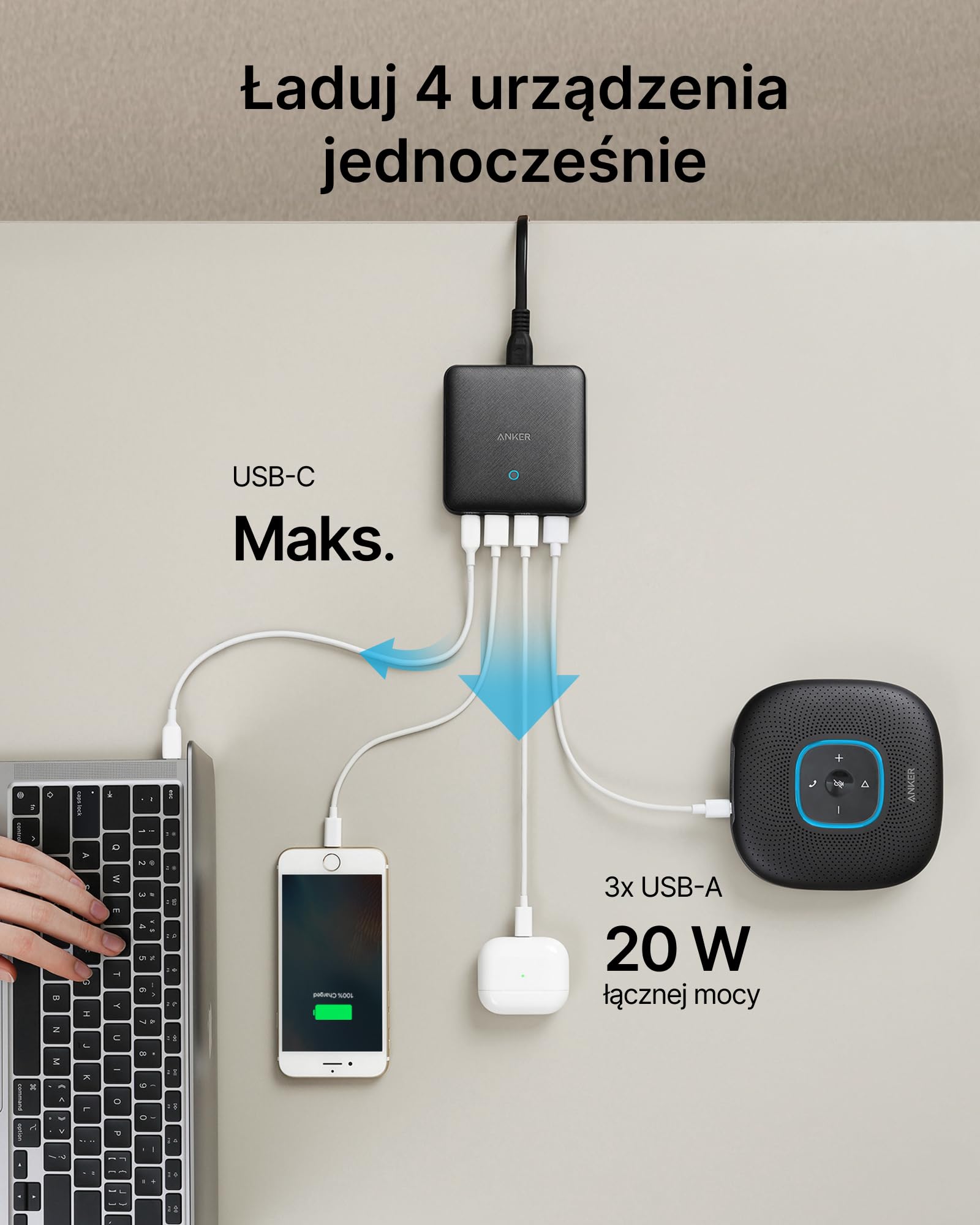 Ładowarka Anker, stacja ładująca 65 W z 4 portami, szybka ładowarka USB PIQ 3.0 i GaN, smukła ładowarka ścienna PowerPort Atom III – port USB C 45 W