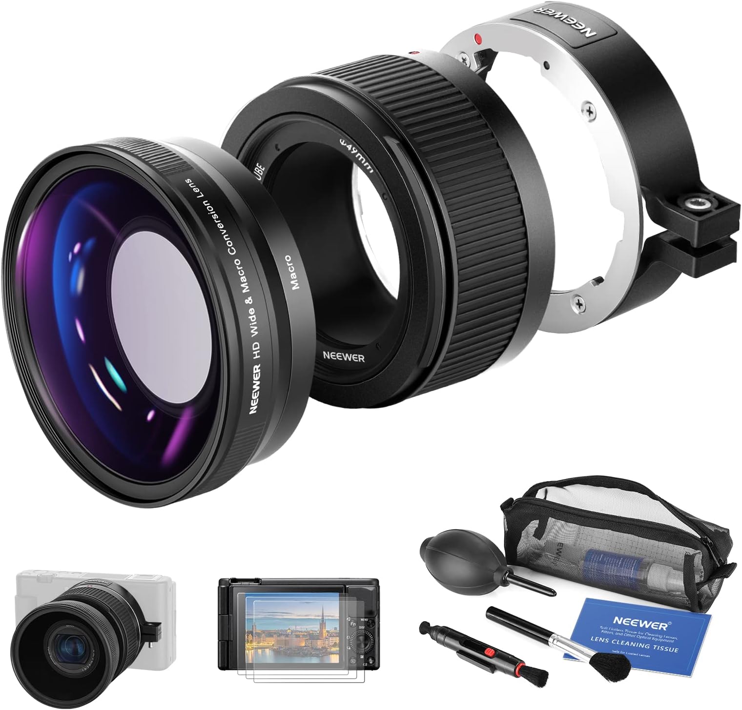 NEEWER 18mm HD Wide Angle Compatible with Sony ZV1 Camera & 2 in 1 10x Macro Additional Lens with Extension Tube, Bayonet Mount Lens Adapter, Screen Protectors and Cleaning Kit