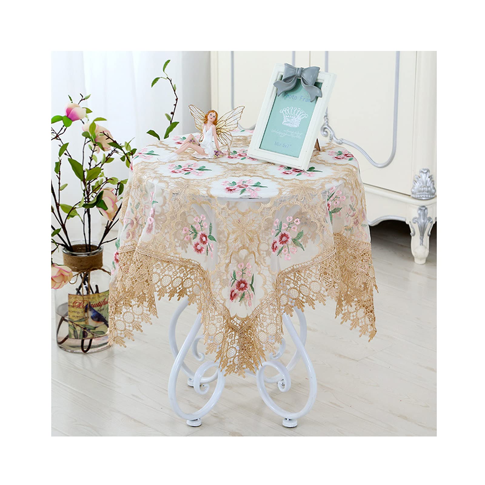 OPFdfhDFH Tablecloths, Floral Embroidered Tablecloth,Macrame Fabric Table Cloths for Parties,Dust-Proof Cover for Dining Party Wedding-C 150x150cm(K,130x180cm(51x71inch))