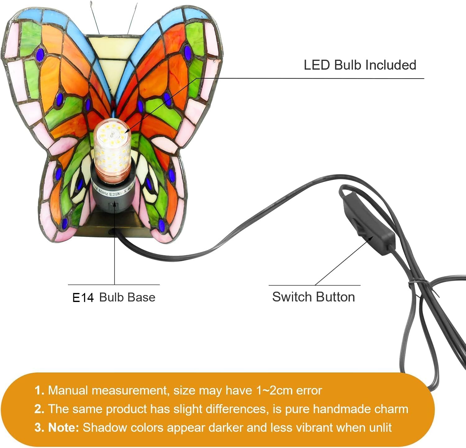 Tiffany Style Orange Butterfly Table Lamp LED Bedside Table Lamp Colorful Small Night Light Reading Lamp 5.9" Wide 9" Tall Stained Glass Lamp LED Bulb Included