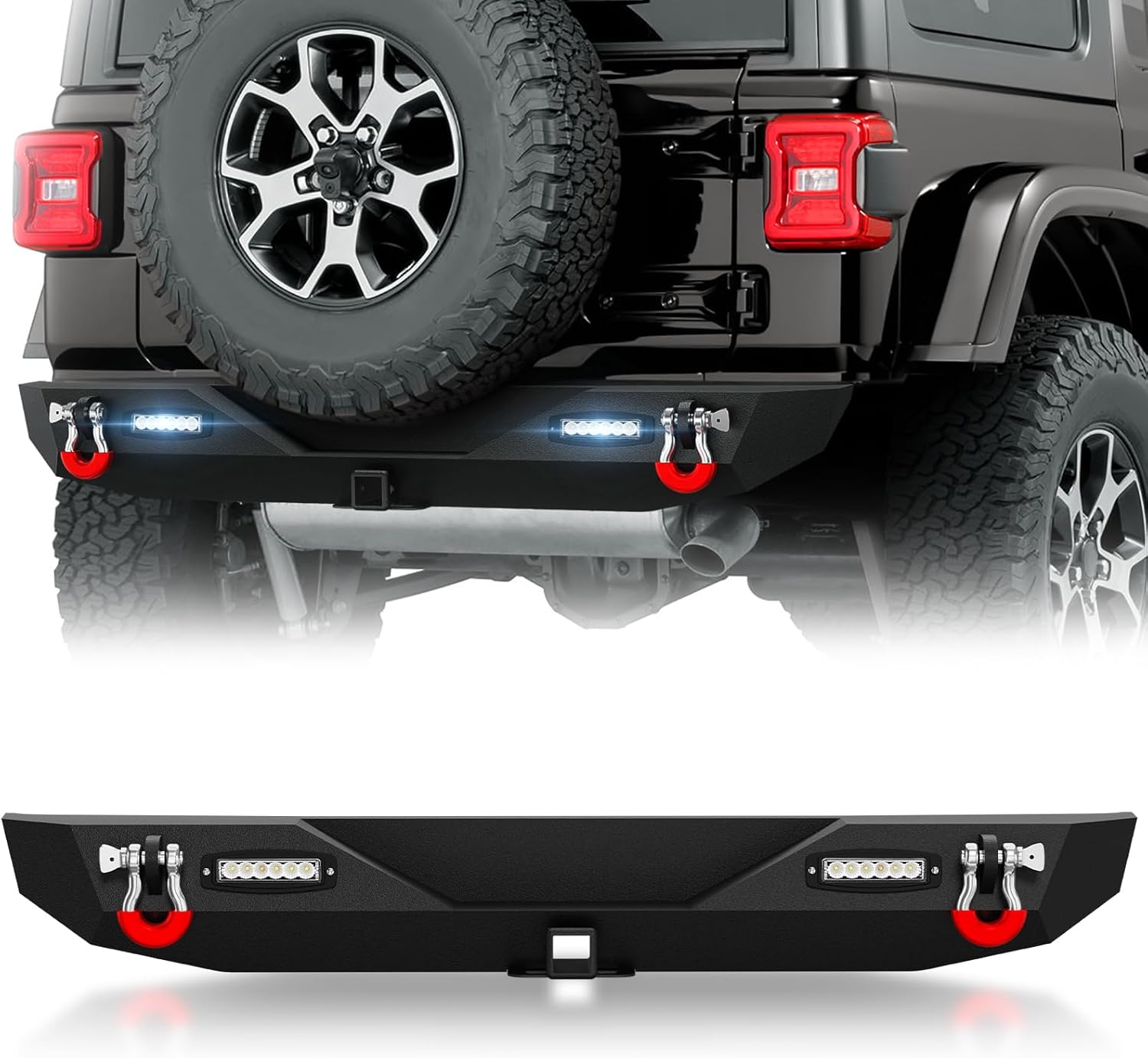 Rear Bumper Compatible with 2018 2019 2020 2021 2022 2023 2024 2025 2026 Wrangler JL JLU Unlimited (2/4 Doors) Off-Road Bumper with 2" Standard Hitch Receiver, 18W LED Lights, D-Rings, Black