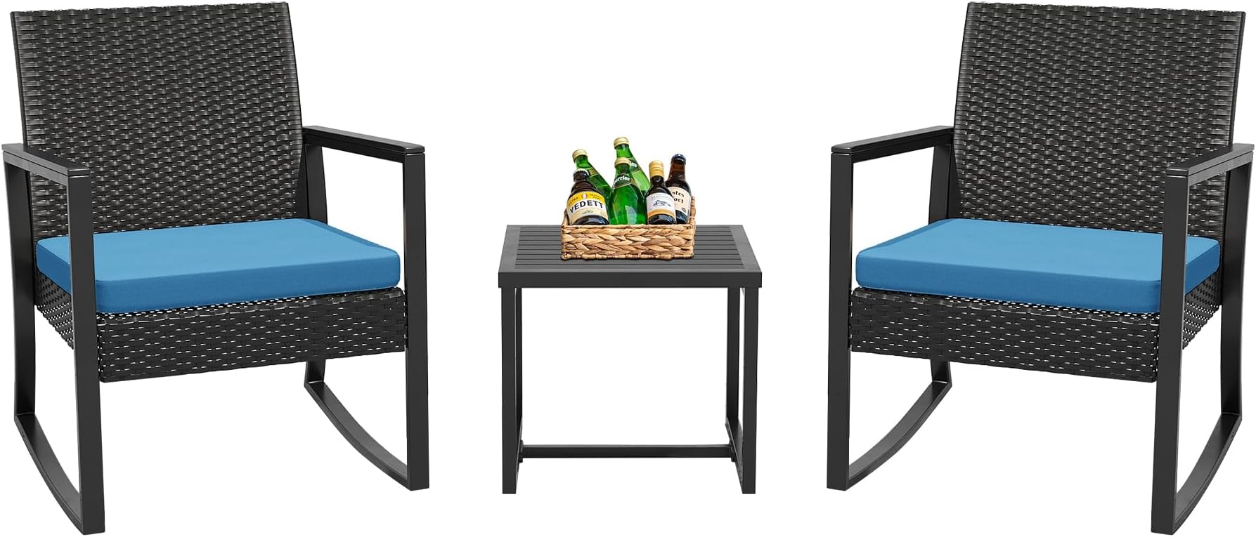 WWR 3 Pieces Outdoor Patio Furniture Set Rocking Wicker Rattan Chair Set Patio Bistro Conversation Set 3 Pcs with Coffee Table for Yard & Bistro (Blue)