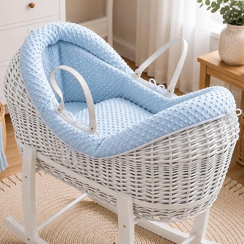 Image of For Your Little One Pod Moses Basket Bedding Set – Waffle & Dimple Designs with Hood, Quilt & Bumper | Soft & Breathable (Pod Moses Basket Not Included!) (Dimple, Blue)