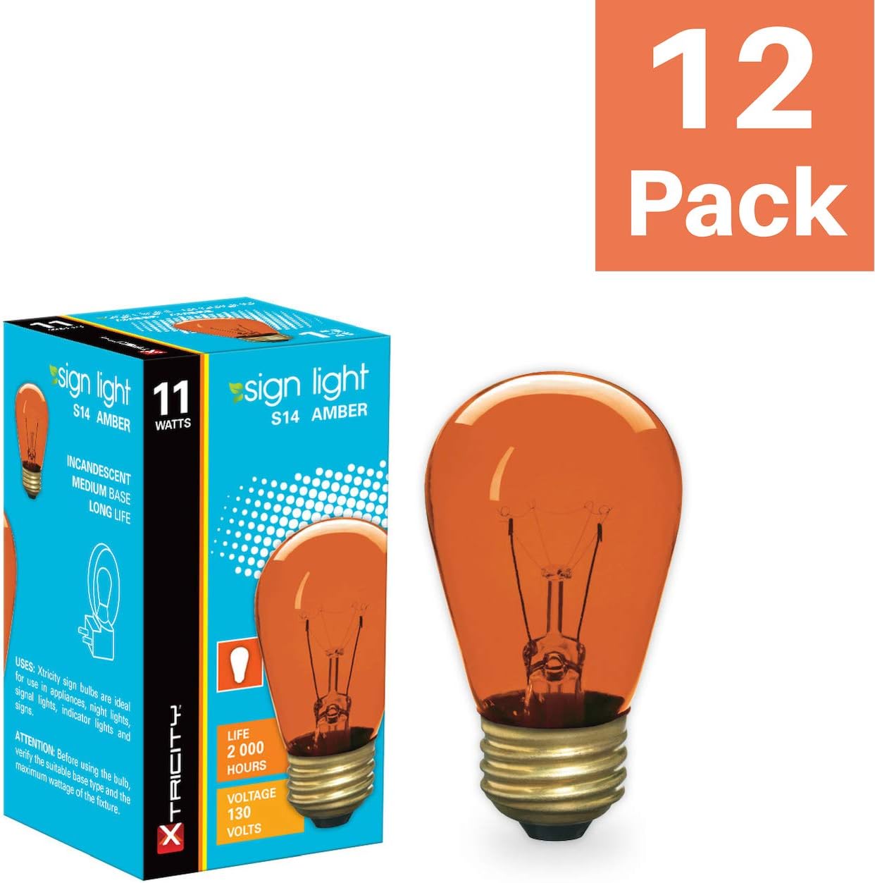 Xtricity Incandescent S14 Edison Light Bulb, String Light Replacement, E26 Medium Base, 130V, Amber (12 Pack)