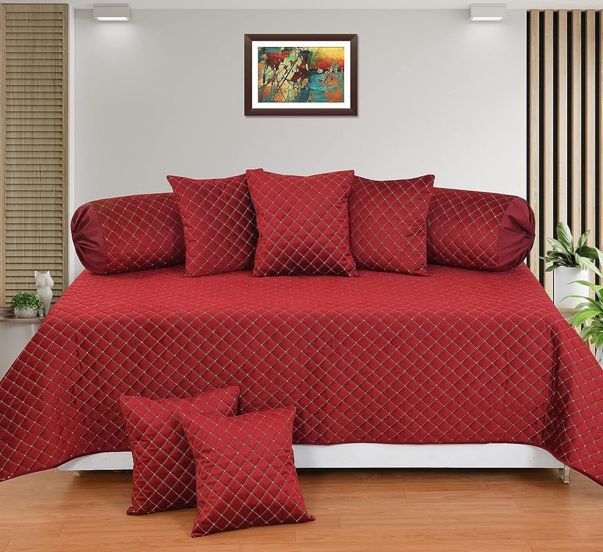 Femfairy Velvet Touch Chenille Diwan Bedsheet Set of 8 Pieces for Living Room Dining Hall (1 Single Bedsheet, 5 Cushion Covers, 2 Bolster - Set of 8) Maroon-image-43