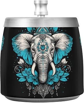 Boho Elephant Blossom Teal Ashtray with Lid Stainless Steel Smokeless Metal Ashtray for Home Balcony