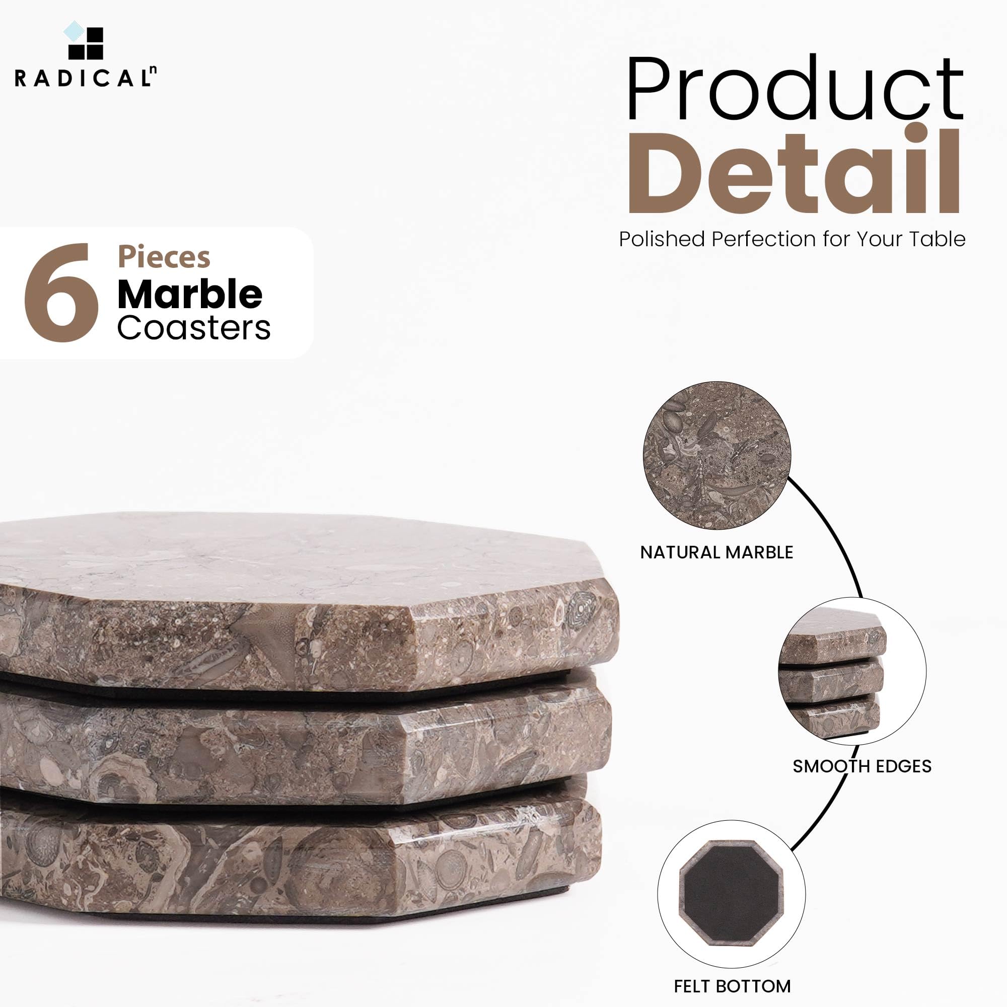 Koville Set Di 6 Sottobicchieri In Marmo Naturale Beige Century - 9,9 Cm Quadrati - Eleganti E Termici Per Tavolo