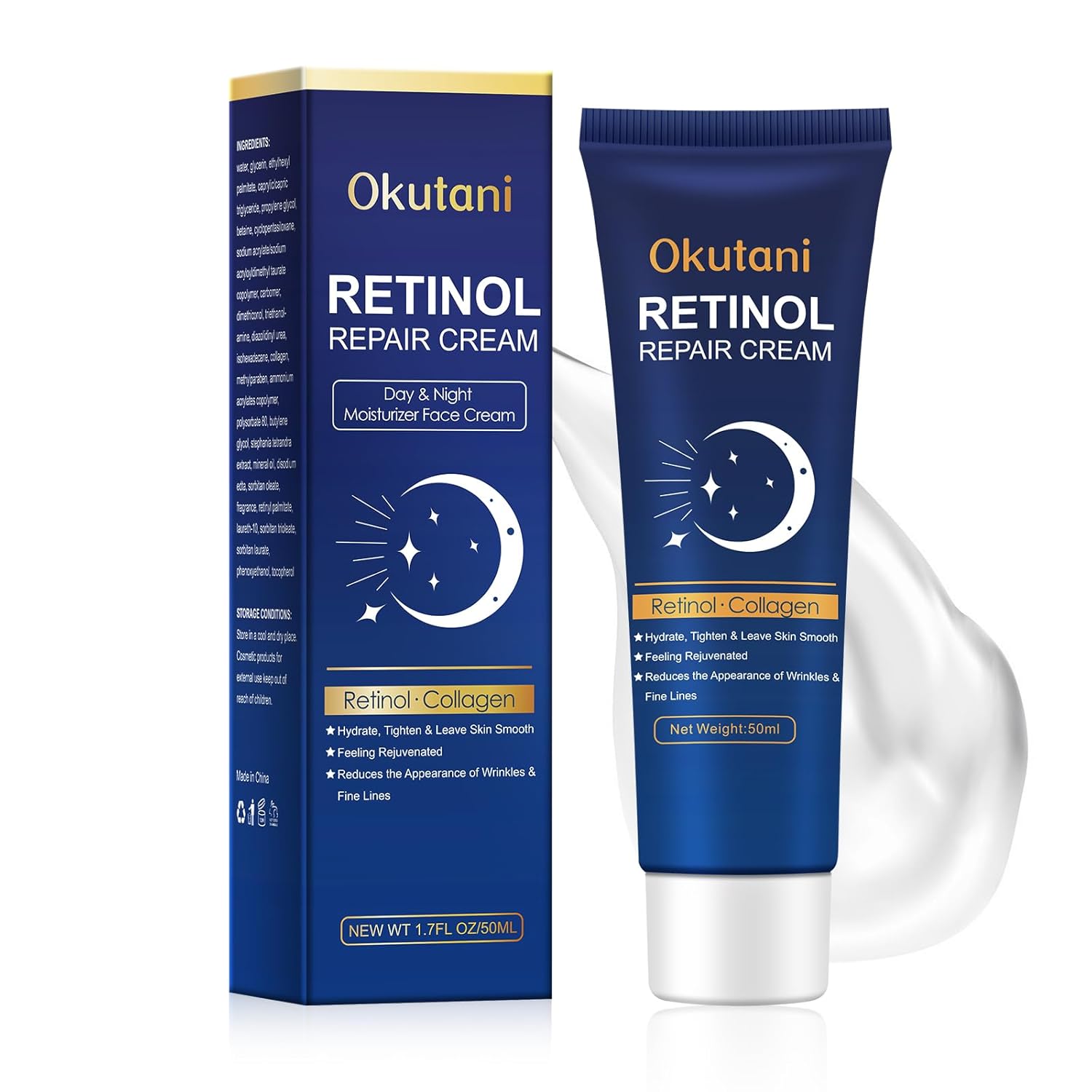 Retinol Cream for Face, Skin Tightening Cream for Face with Collagen and Hyaluronic Acid, Anti-Aging Face Moisturizer, Firming Skin Care Neck & Decollete, Instant Lift, 1.7 fl oz