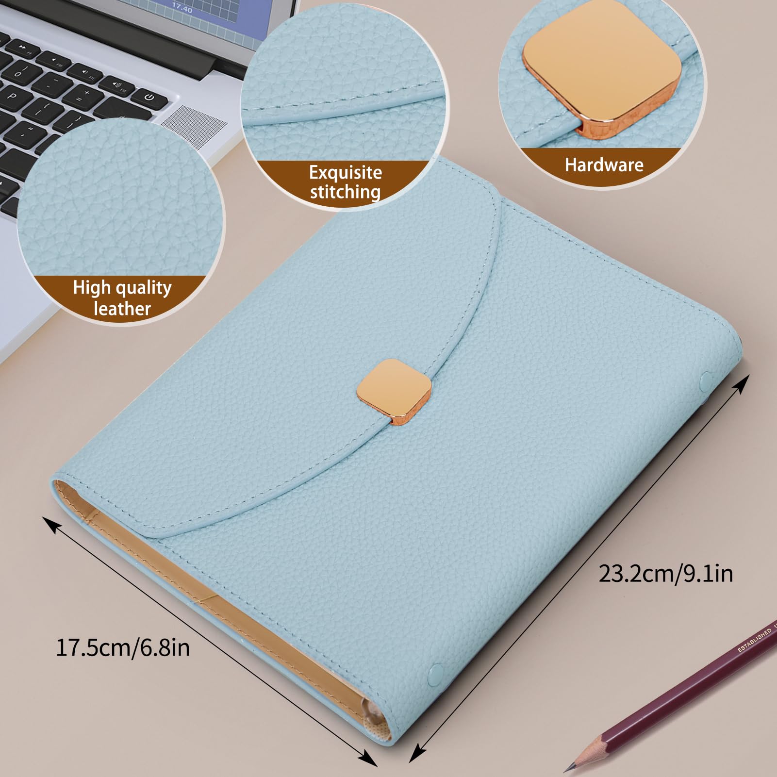 Cuaderno de piel sintética A5, 6 anillas, planificador de diario con hojas sueltas rellenables, 100 hojas/200 páginas, color azul