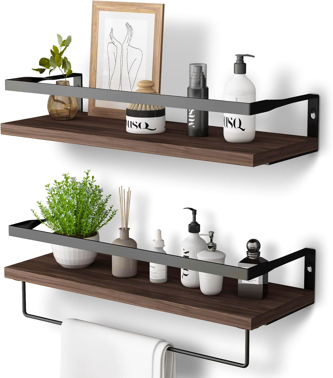 Rustic Floating Shelves Wall Mounted, Bathroom Wall Shelf Set of 2, Floating Storage Decor Wood Wall Shelves with Towel Rack for Bahtroom, Kitchen, Laundry Room etc (Brown) Rustic Floating Shelves Wall Mounted, Bathroom Wall Shelf Set of 2, Floating Storage Decor Wood Wall Shelves with Towel Rack for Bahtroom, Kitchen, Laundry Room etc (Brown)