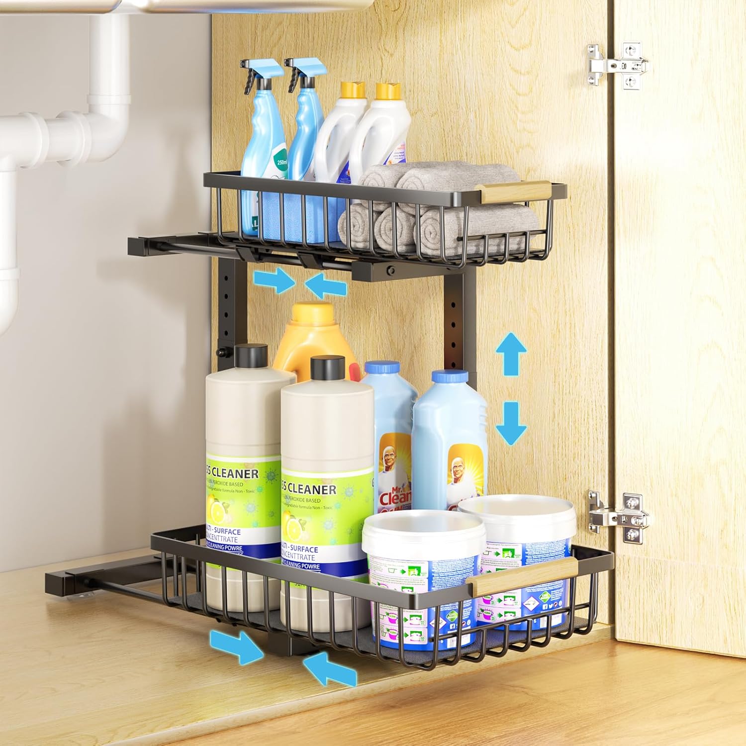 Under Sink Organizer and Storage, 2 Pack Pull Out Cabinet Organizer Slide Out Sink Shelf Cabinet Storage Shelves (black, 2 pack)