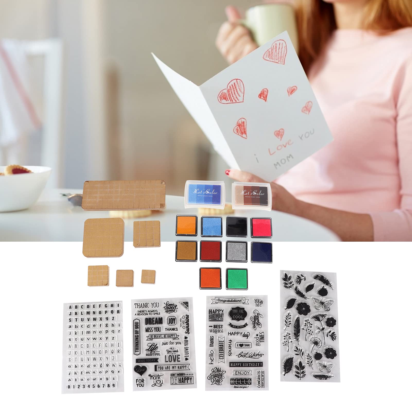 Ensemble d'outils de blocs de tampons en acrylique transparent, kit de tampons de bricolage avec tampons encreurs de 10 couleurs, tampons artisanaux pour enfants adultes,