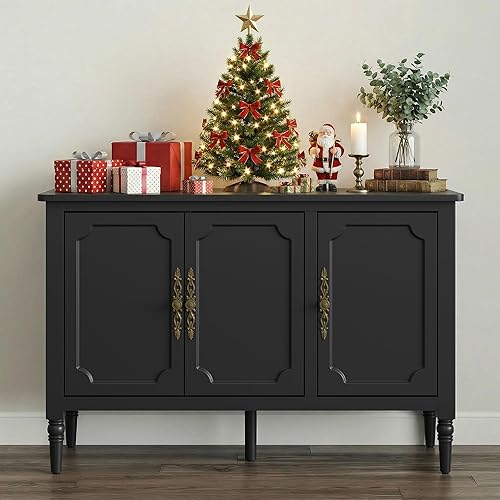 RoyalCraft Armario de almacenamiento con 3 puertas, aparador de mediados de siglo con estantes ajustables, gabinete de buffet de madera con patas