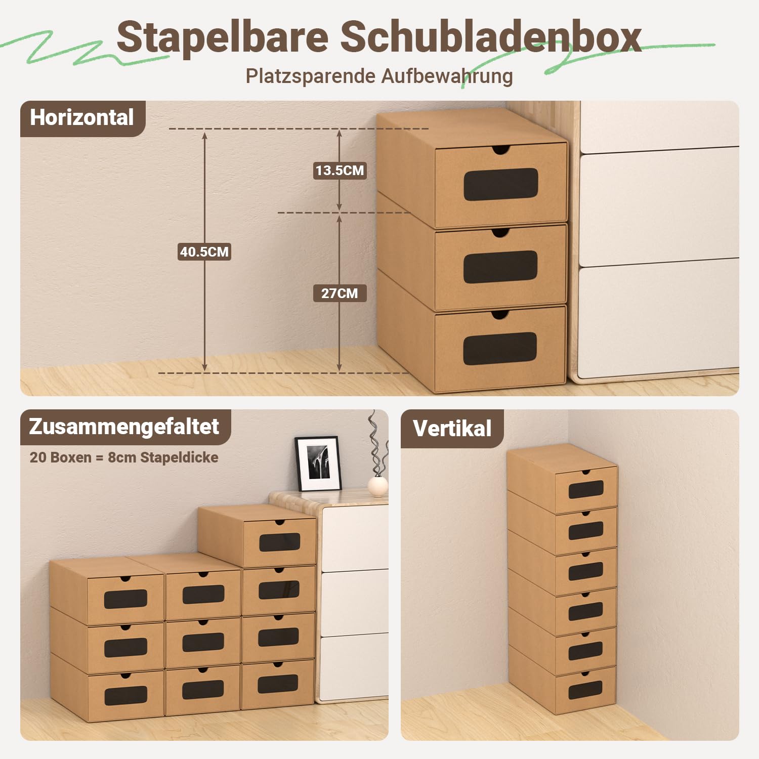 20 cajas de almacenamiento para zapatos, color marrón claro, con ventana, plegables, apilables, cajas para zapatos, cajón, cajas multiusos de cartón kraft para hasta la talla 45