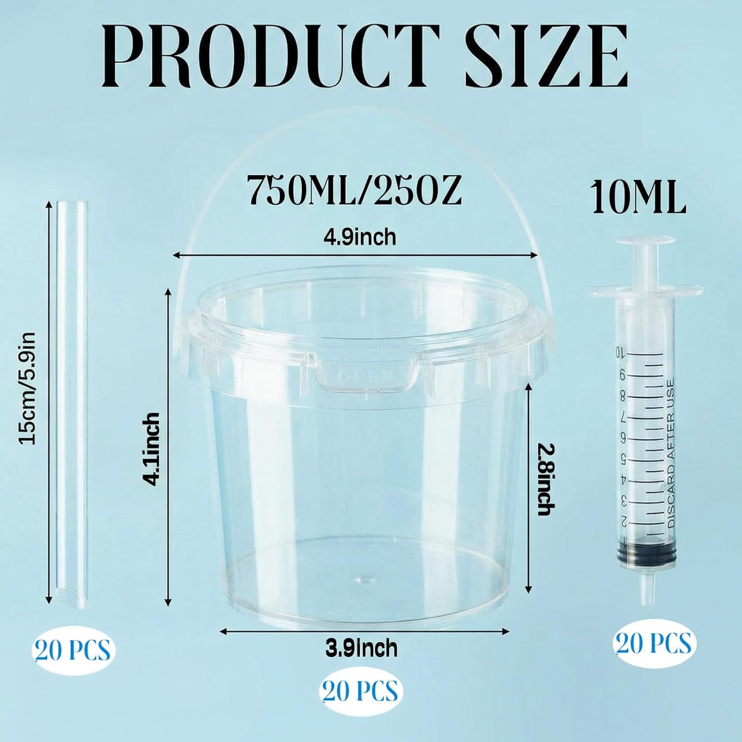 Willinglong 20 Sets 25oz Clear Plastic Drink Buckets Rum Buckets for Drink with Straws, Lids and Beverage Syringes Reusable Iced Coffee Cups for Rum Wine Beer Cocktail Beverage Lemonades