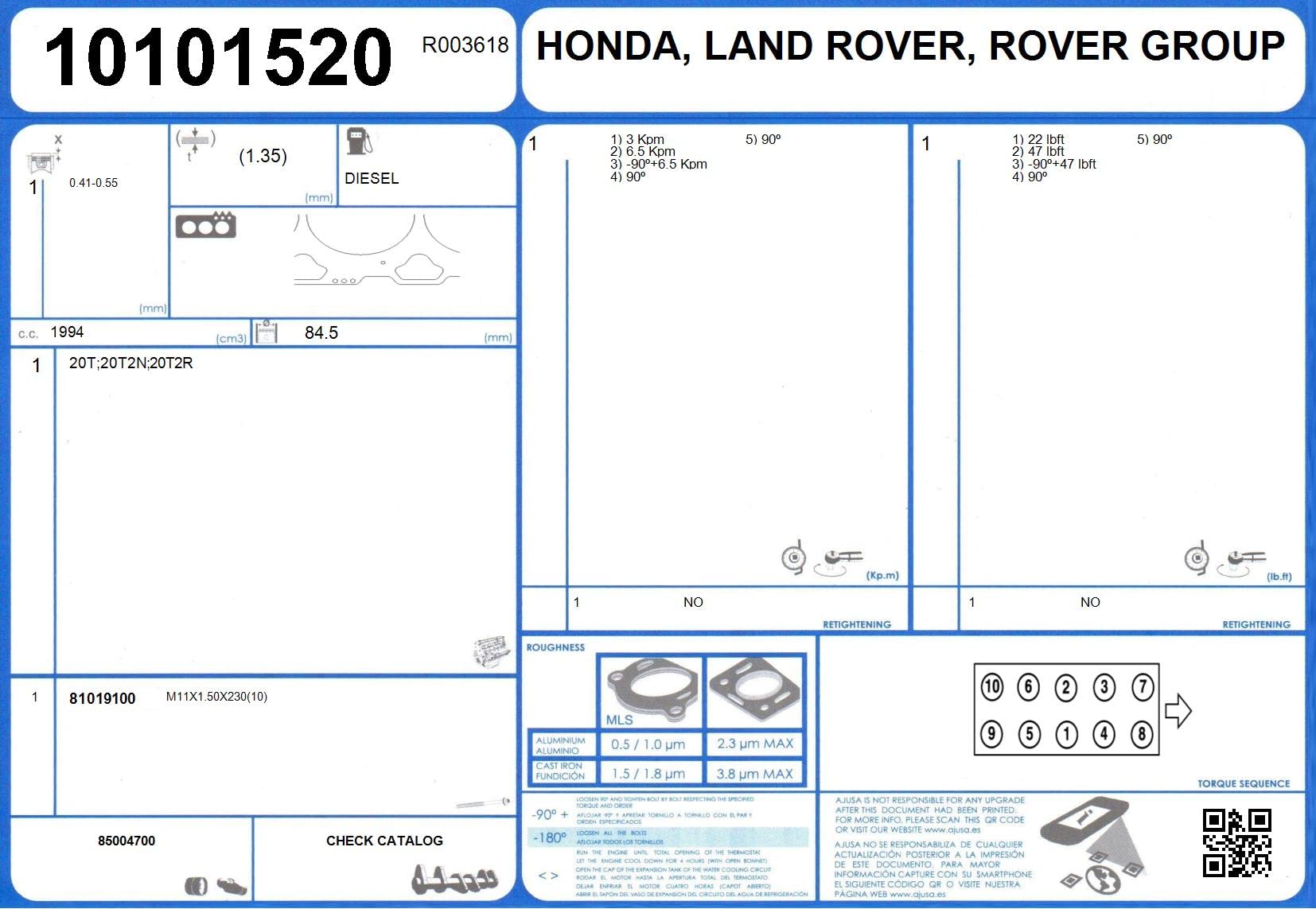 AJUSA 10101520 Junta de culata Compatible con LAND ROVER Freelander SUV L314, HONDA Accord VI Berlina CK, CG, CH, CF8, ROVER 600 RH