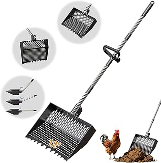 12-Inch 2-in-1 Chicken Poop Scooper & Rake, Chicken Coop Scoop with Adjustable Stainless Steel Handle （24–64"）, 3 Angles & 2 Sifting Holes, Litter Scoop Sand Sifting Shovel Pooper Scooper (Black)