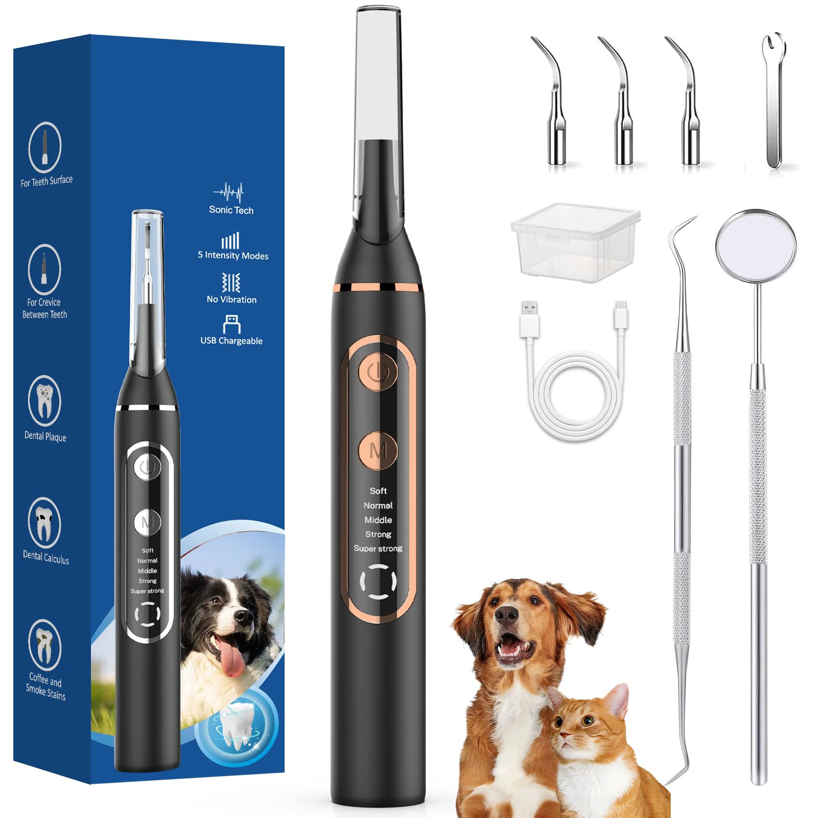 Kit di Pulizia dei Denti per Animali Domestici, Kit per la Rimozione Della Placca Dentale, 5 Modalità di Pulizia, Kit di Rimozione Della Placca per Denti per Tartaro e Macchie,USB-C ricaricabile