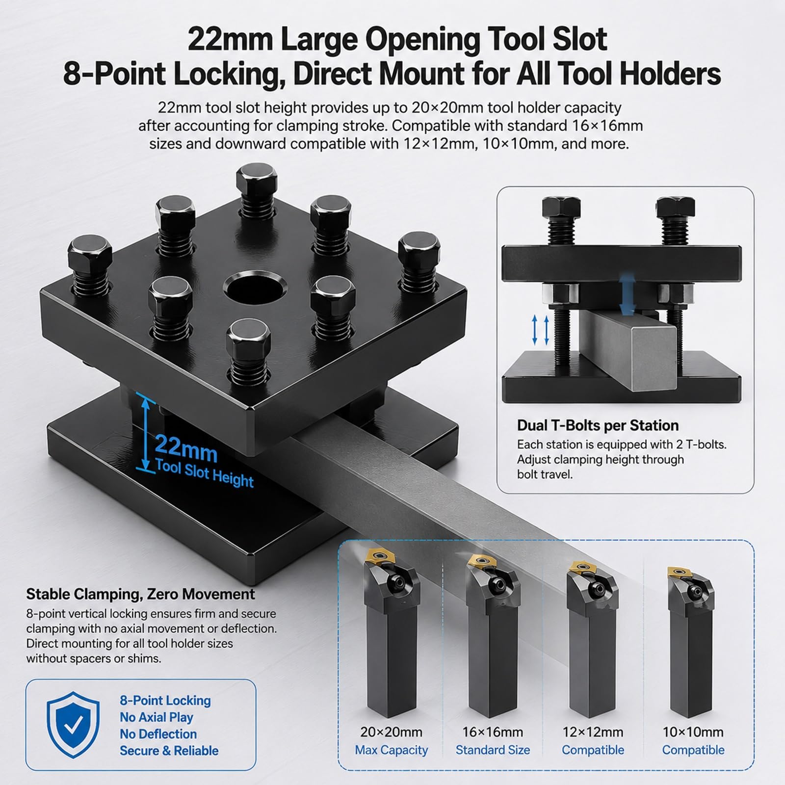 Poteau à outils de tour, mini porte-outils pour tours BV20-1, 6,5 x 6,5 cm, base fine de 0,6 cm, hauteur de fente de 2,2 cm, usinage aluminium, cuivre, acier, fonte, plastique
