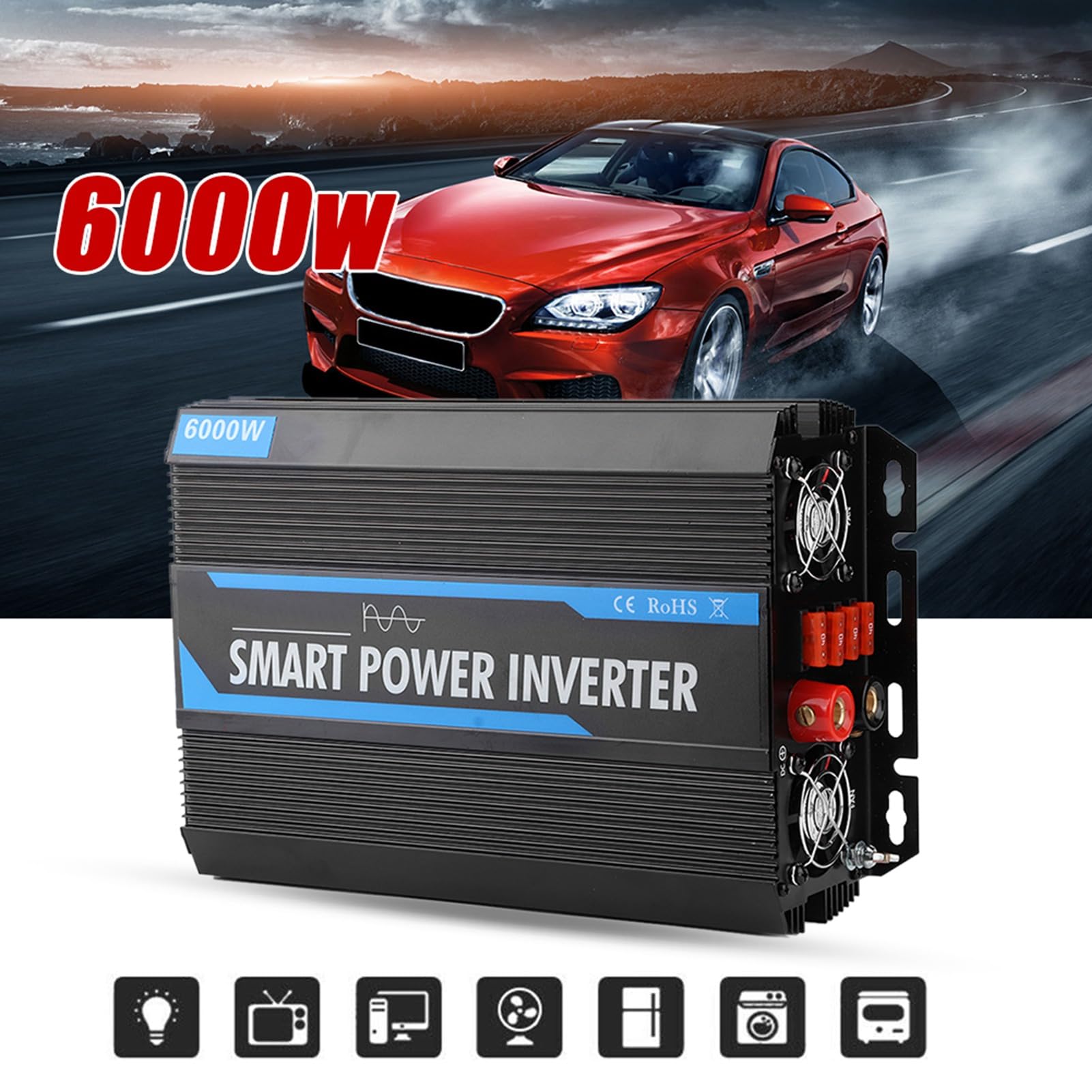 YUYTE [KOMPATYBILNOŚĆ]: Transformator Sinusoidalny 2000 W 12 V 2000 W 12 V do 220 - Uniwersalny Falownik Samochodowy do Elektroniki Użytkowej, Wysoka stabilność Dzięki Wentylatorom Chłodzącym i